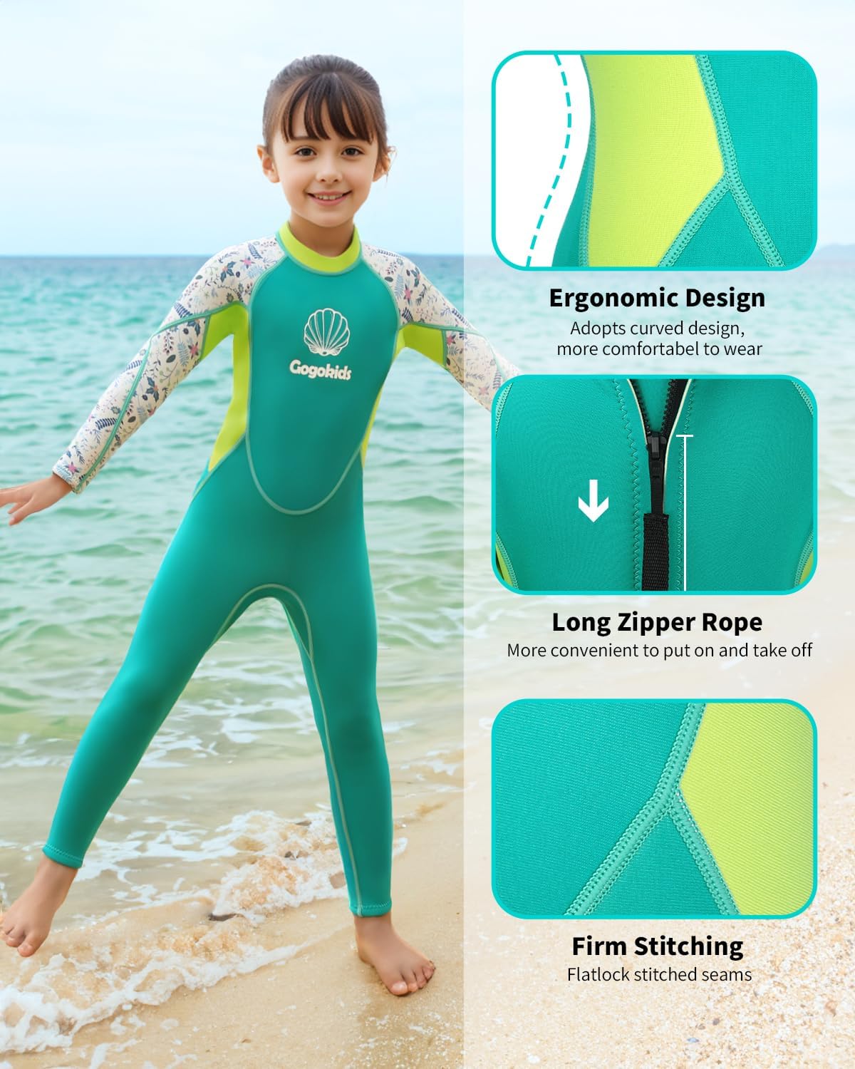 Gogokids Kids Wetsuit, Youth 2.5mm Neoprene Thermal Full Wet Suits, Girls Long Sleeve Back Zip Sun Protection Swimsuits for Water Sports, Diving, Swimming, Surfing Lessons, Keep Warm