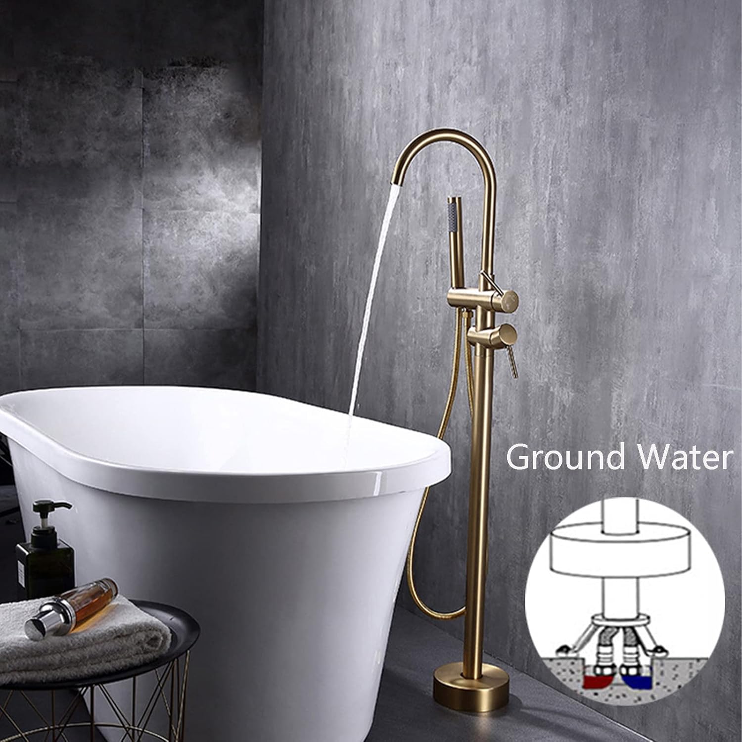 Freestanding Bath Taps, 2 Mode Water Outlets Floor Mounted Bathtub Tap with Handheld Shower 360° Swivel Spout Bath Taps Brass Cold and Hot Bathroom Taps Brushed Gold