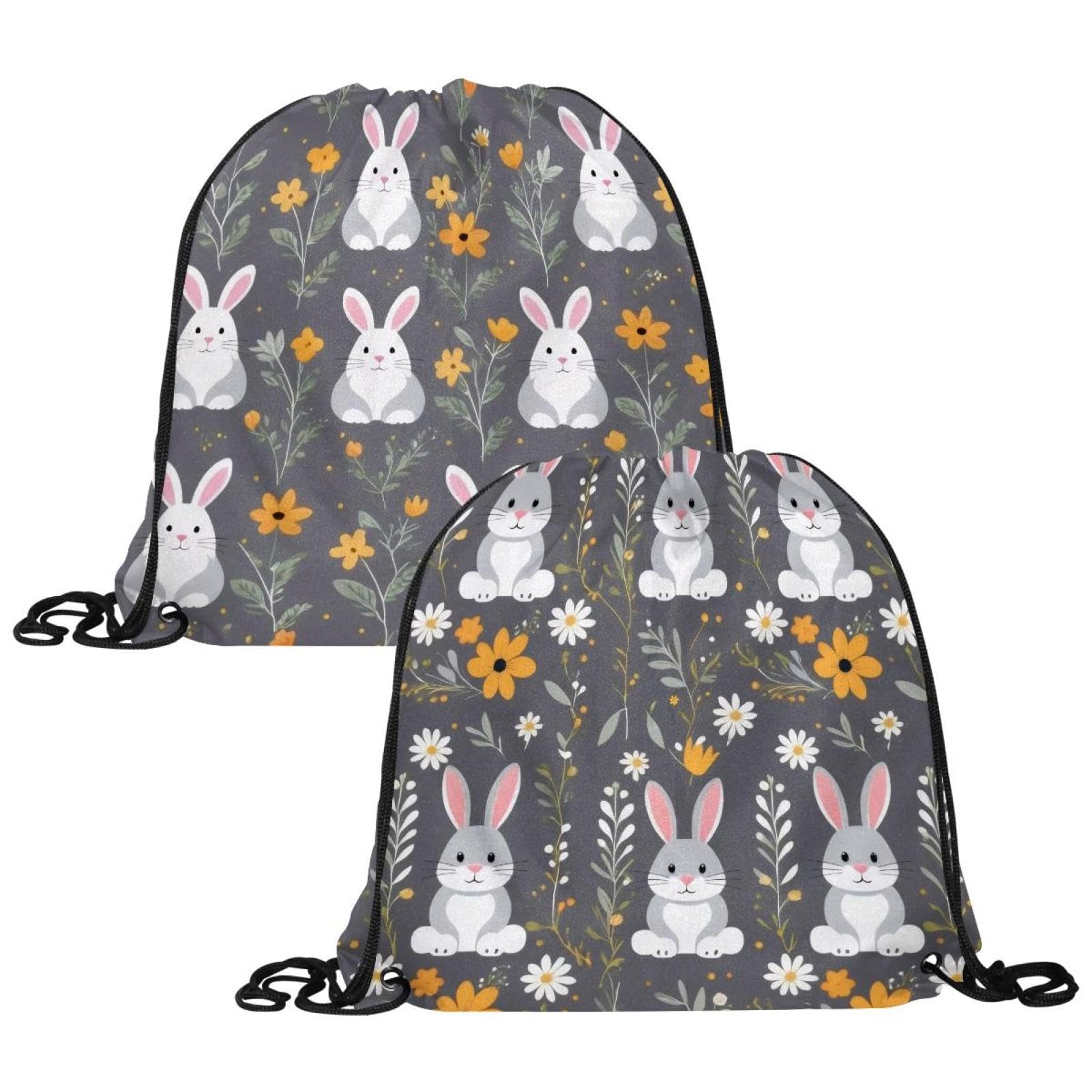 2 Pcs Drawstring Bags, Rabbit and Flowers Swim PE Bags Drawstring Gym Bag for Kids Adults String Swimming Sports Backpack for School Sports Swimming Gym Travel
