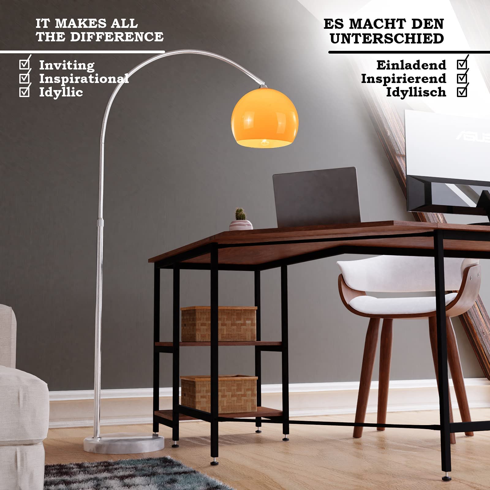 Jago® Bogenleuchte - Höhenverstellbar, A++ bis E, 145-220/130-180 cm, 1xE27 LED, max.60W, Orange/Weiß-Bogenlampe, Stehlampe, Stehleuchte, Standleuchte, Bogenstandleuchte (Höhe: 145-220 cm, Orange)