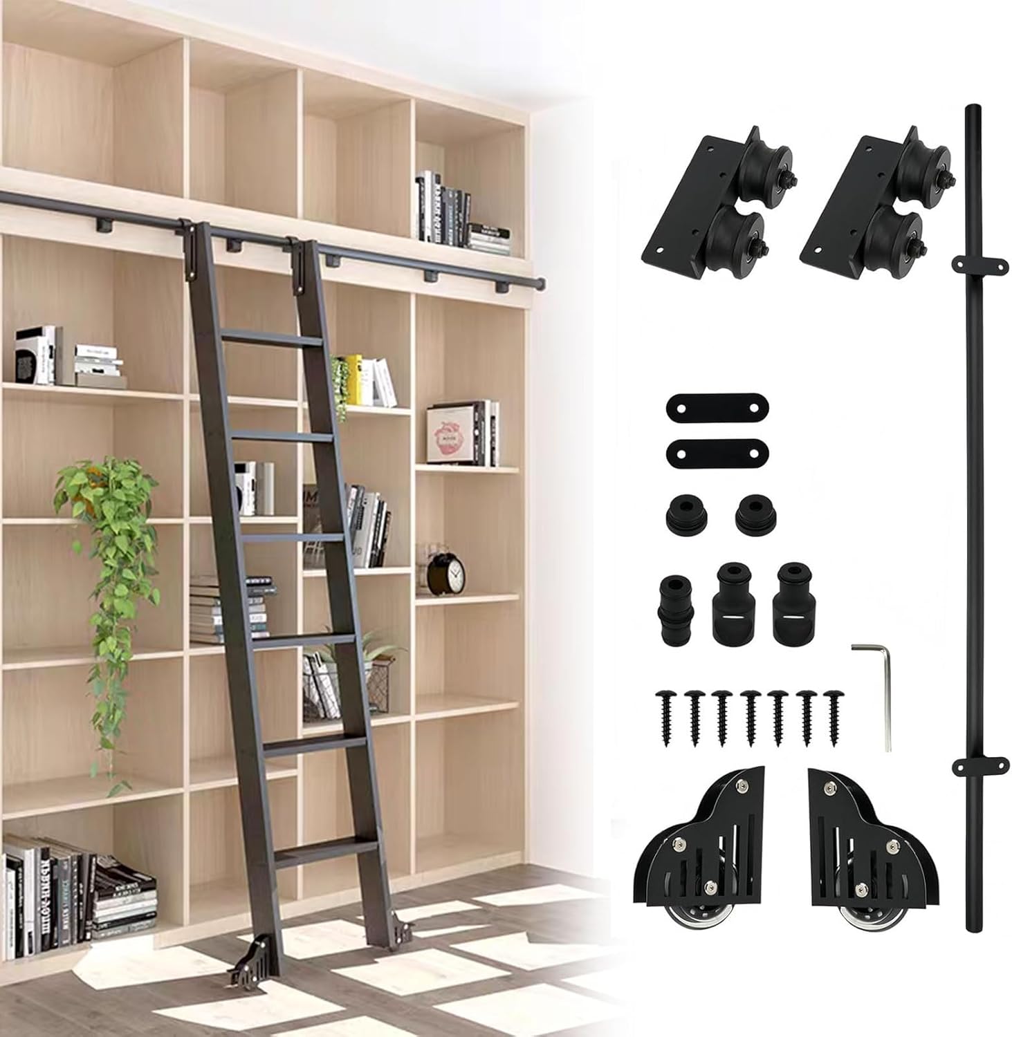 Black Round Tube Mobile Ladder Track Hardware Kit 1m 2m 3.6m 4m 5m 600cm Sliding Library Ladder Rail Kit with Floor Roller Wheels(No Ladders)(3.3ft/100cm Track Kit)