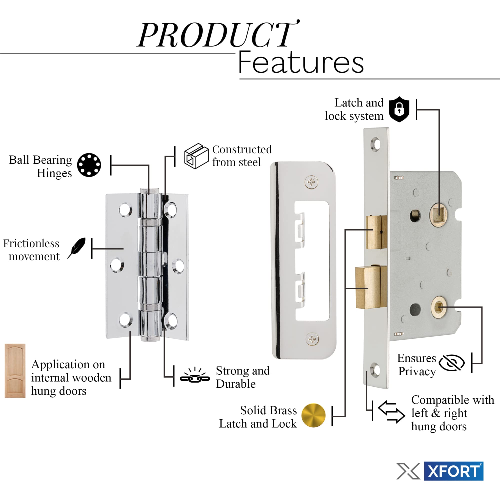XFORT Paquete De Accesorios Para Puerta De Baño, Color Negro Mate, Incluye Cerradura De Baño De 65 Mm Y Bisagras De Rodamiento De Bolas De 75 Mm, Para Puertas De Baño Internas