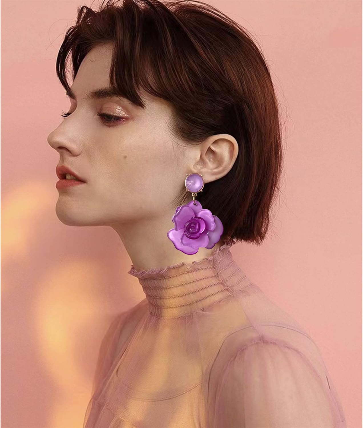 Unique Dainty Bohemian Luxury Oversize Resin Big Flower Dangle Drop Earrings Boho Big Flower Floral Petal Stud Earrings For Women Statement Crystal Jewelry Gifts - Image 4