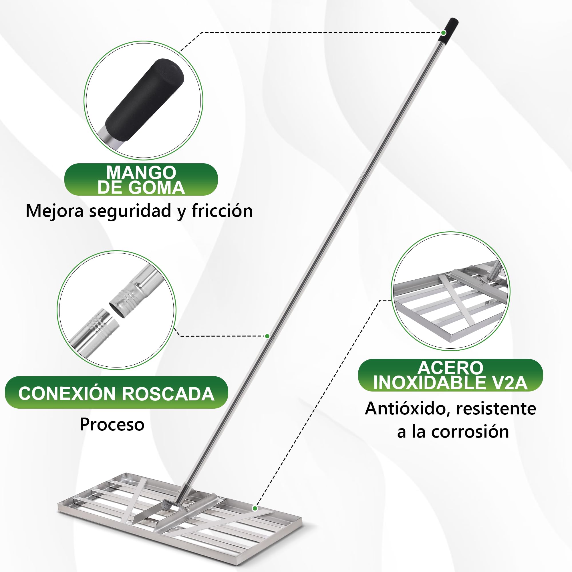 Rasqueta XXL de 85 x 35 cm, con mango ajustable de 2 m, rasqueta para césped, arenas, nivelador de jardín, rasqueta para césped, para patio, jardín, golf