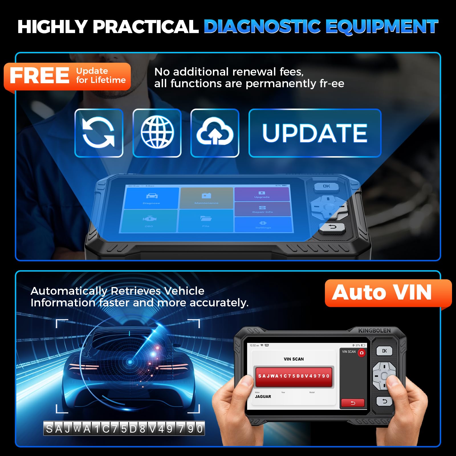 KINGBOLEN S608 Diagnosi Auto in Italiano, Bidirezionale OBD2 Auto Diagnostica, Diagnosi di 4 Sistemi (ECM/TCM/SRS/ABS), 9+ Reset, FCA SGW, CANFD, Aggiornamento a vita