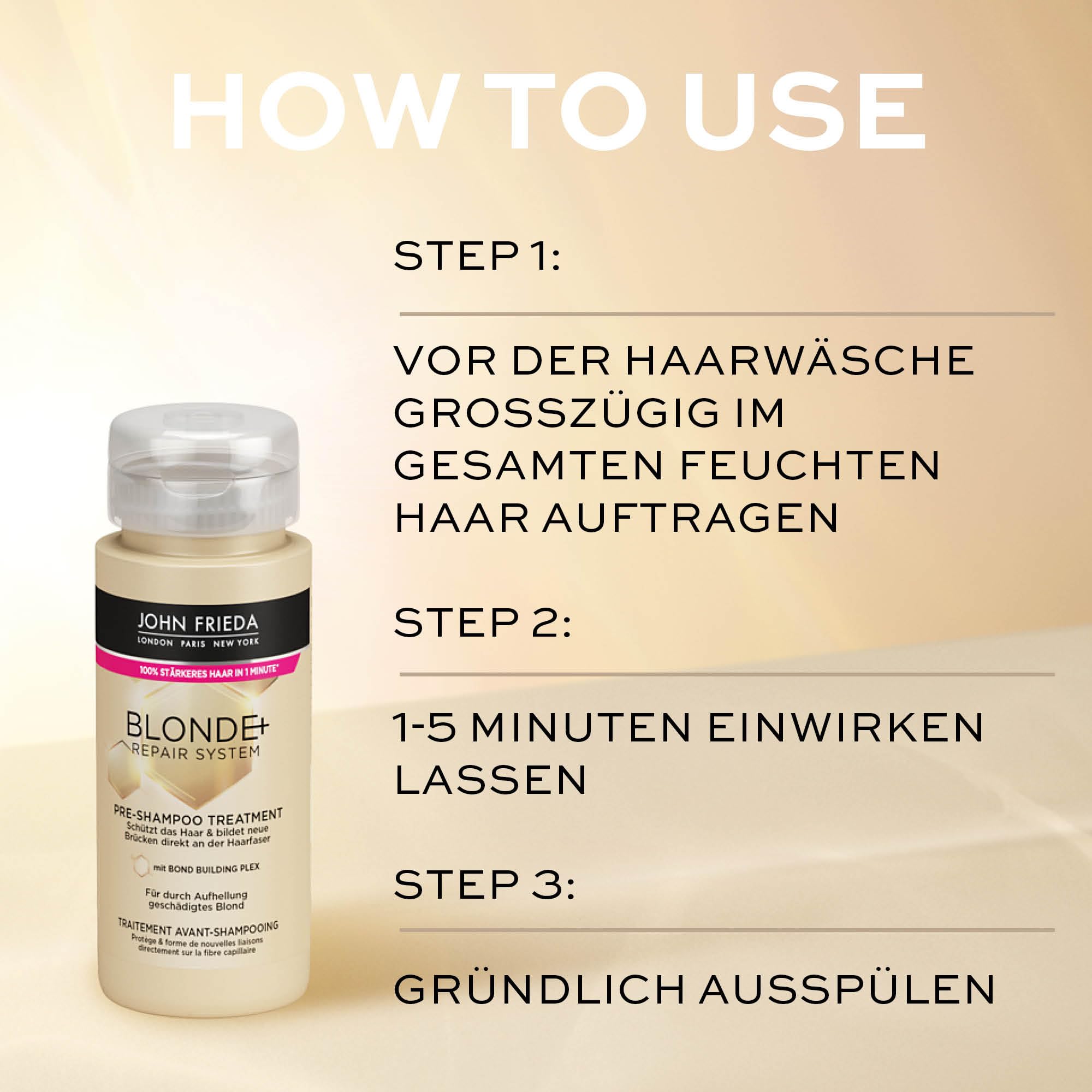 John Frieda Blonde+ Repair System Profits zestaw – zawartość: pre-shampoo Treatment, 100 ml, szampon, 250 ml, odżywka, 250 ml – łącznie z maską na oczy MegRhythm – z Bond Building Plex