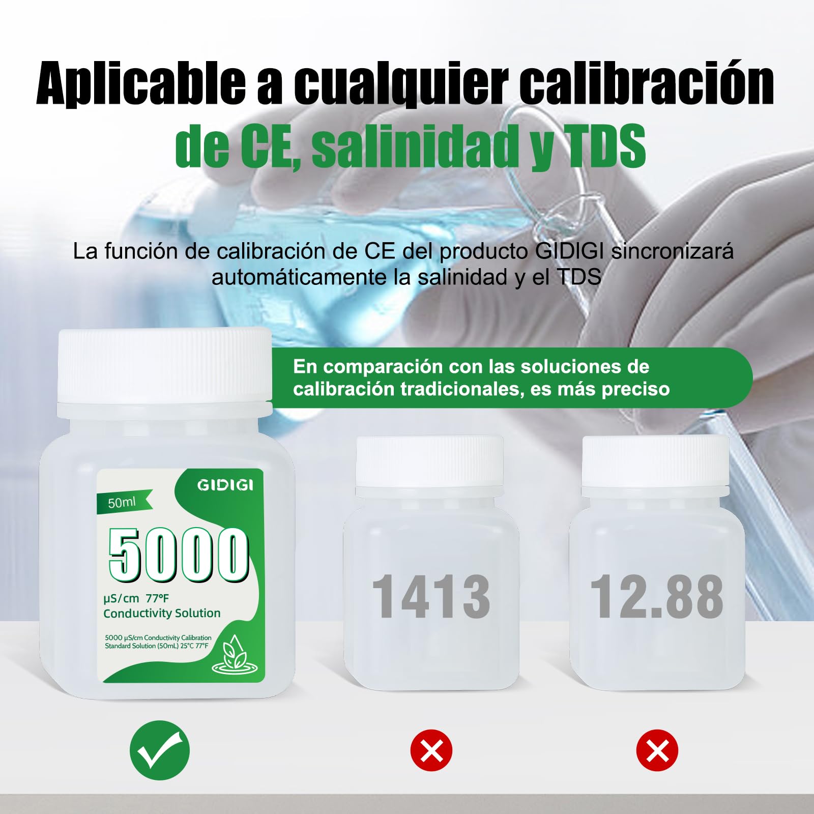 Solución de calibración EC TDS 5000μS/cm, 4 botellas de 50 ml para medidores EC TDS