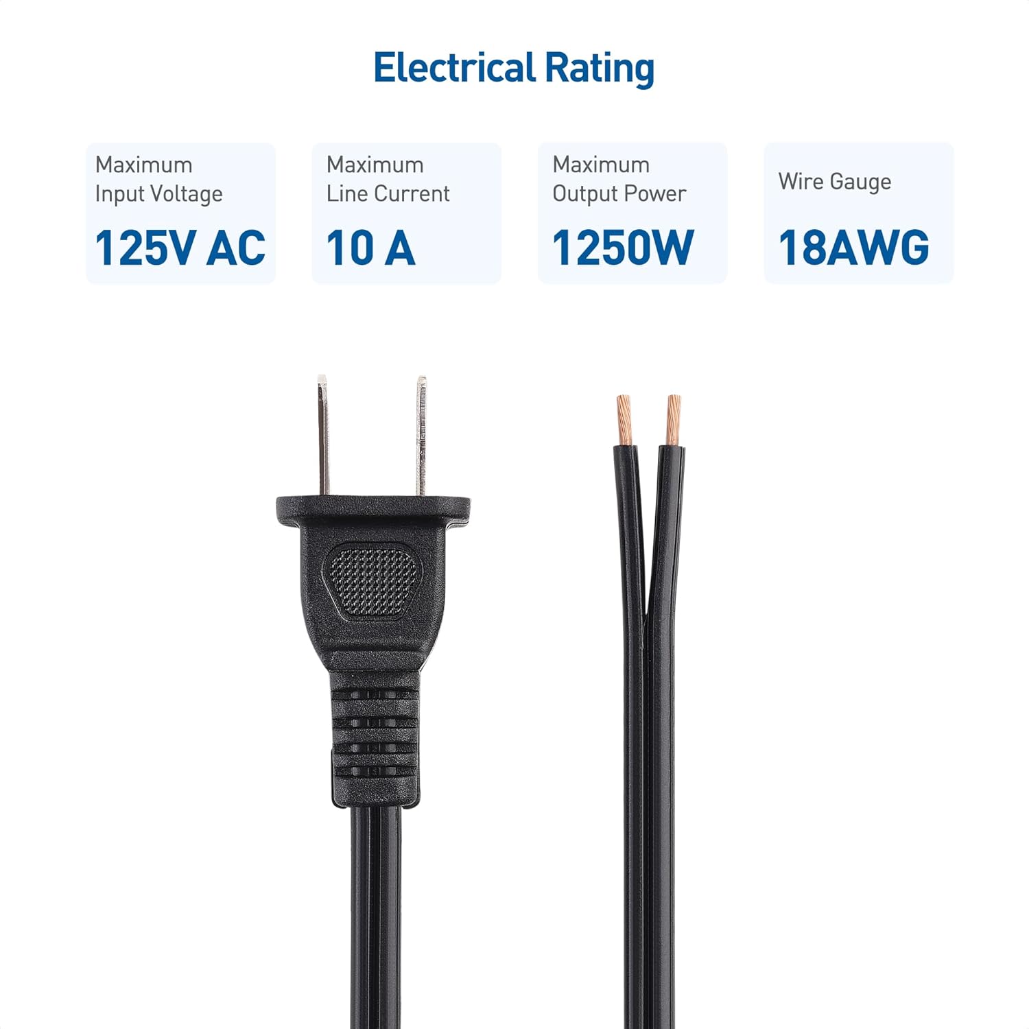 Cable Matters 2-Pack Polarized 18AWG 2 Prong Replacement Cord Lamp Wire 8 ft - 10A, NEMA 1-15P to 2 Wire for Lamp Cord Replacement with Plug
