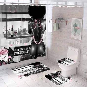 4PCS African American Shower Curtain Sets with Rugs, Sexy Black Women Shower Curtain, Inspirational Quotes Pink Floral Lipstick Perfume High Heels Fashion Afro Lady Black Girl Bathroom Decor