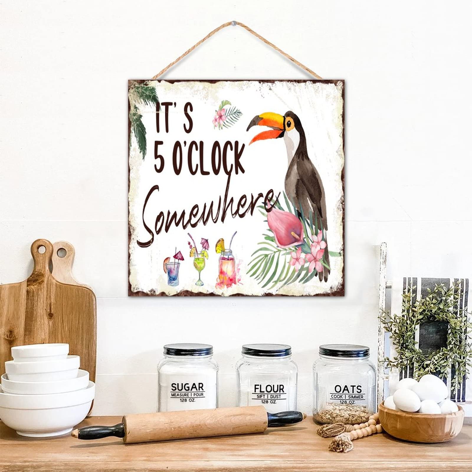 Panneau mural bois It's 5 O'Clock Somewhere rétro déco cuisine 30x30 cm