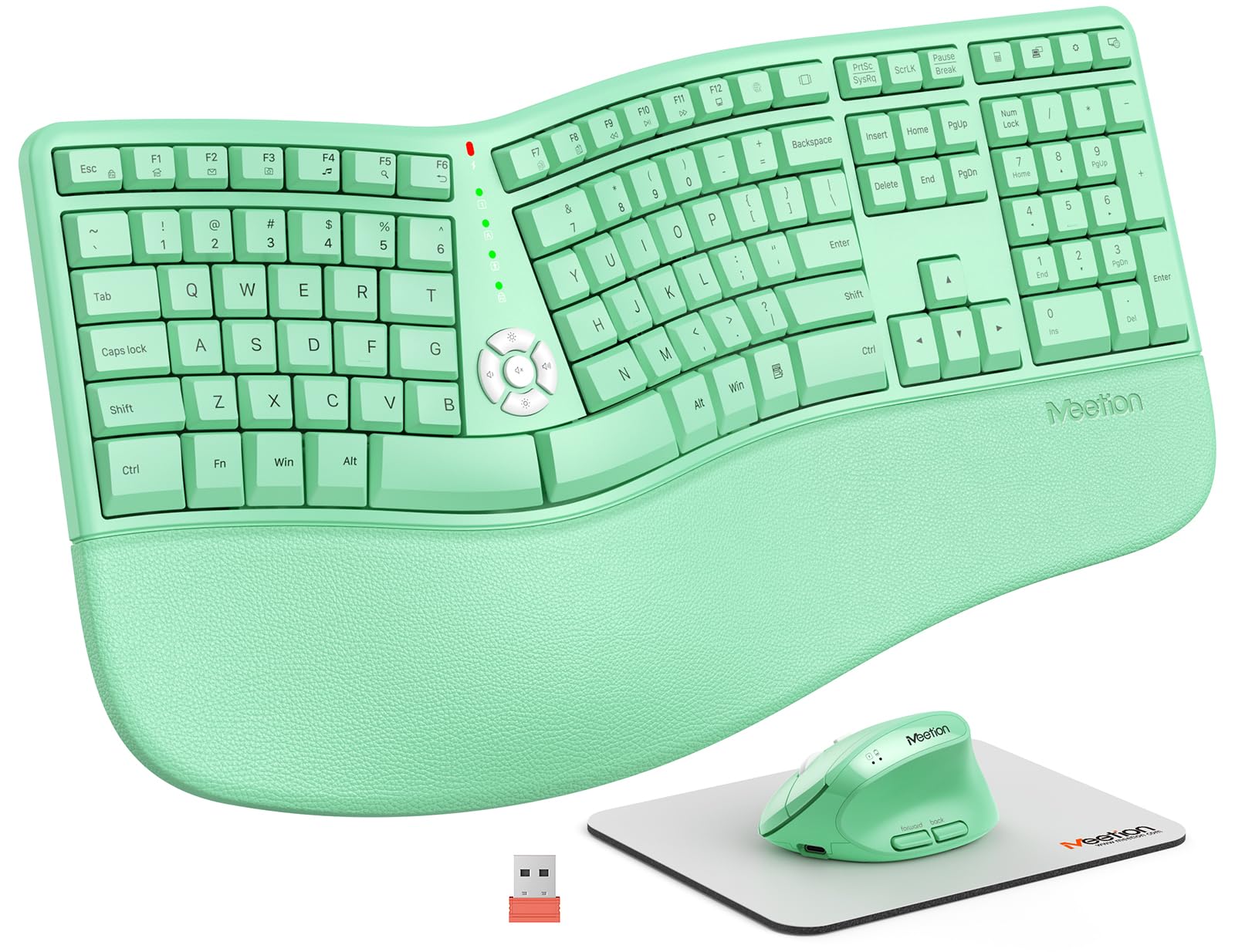 MEETION Ergonomic Wireless Keyboard and Mouse, Split Arch Keyboard with Cushioned Wrist Palm Rest, Wireless Vertical Mouse, Rechargeable Full Size, Windows/Mac/Computer/Laptop, Green