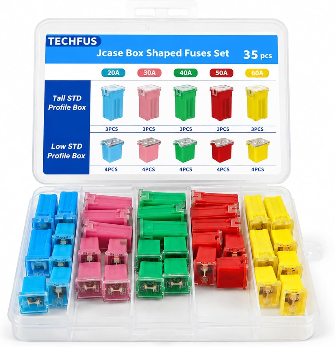 35Pcs Jcase Car Fuses Assortment Kit Automotive Tall/Standard/Low Profile | Jcase Box Shaped Fuses Assortment Kit (20A, 30A, 40A, 50A, 60A) for Ford Chevy/GM Nissan and Toyota Pickup Trucks Cars SUVs