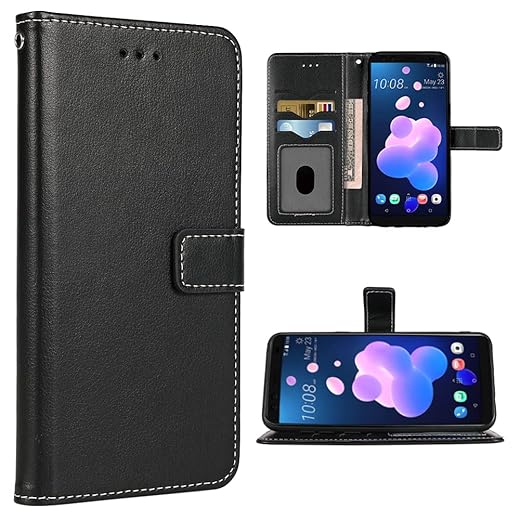 FDCWTSH Compatible with HTC U11 Wallet Case Wrist Strap Lanyard Leather Flip Cover Card Holder Stand Cell Accessories Folio Folio Purse Credit ID Slot Phone Cases for HTCU 11 2017 Women Men Black