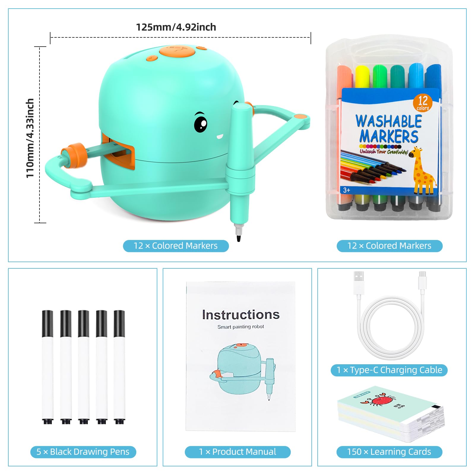 Drawing Robot for Kids with 150 Learning Cards & 17 Colorful Pens, Voice Interactive Educational Smart Art Painting Machine - Image 3