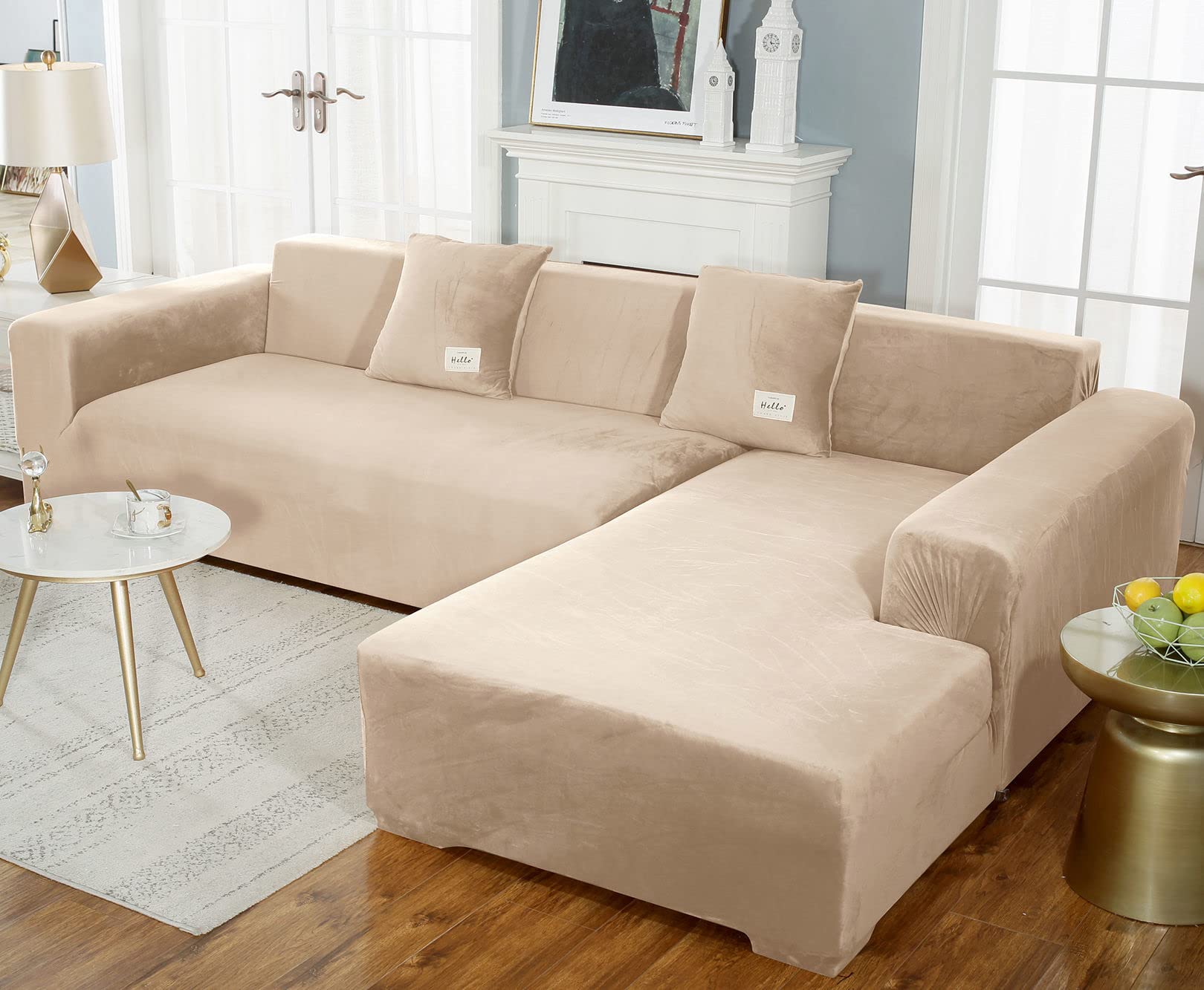 Stretch Samt Sofabezug L Form-Beigegrau-2 Sitzer+3 Sitzer | Weich Bequem Anti-rutsch überzug ecksofa Waschbarer Für Kinder Haustiere Hunde Katzen