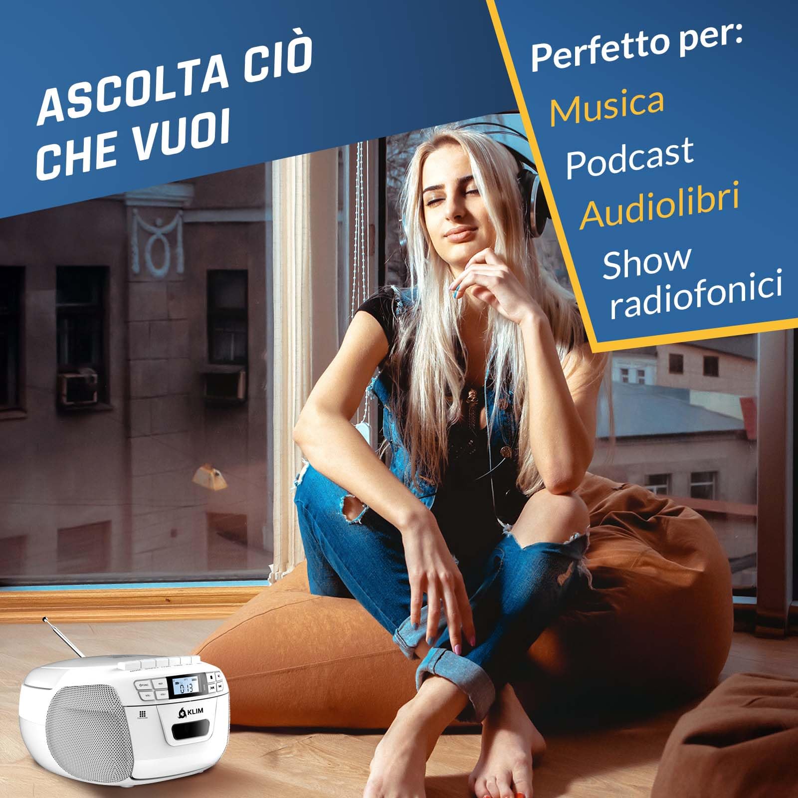 KLIM Lettore CD - Lettore Cassette Audio, AM/FM Radio Bluetooth, Stereo CD Player, Remota, Registrazione Su Nastro, USB Drive, AUX, Radio Stereo Casa Alimentazione AC/DC - Bianco