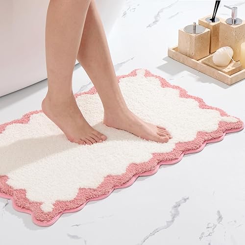 ORTIGIA Alfombras de baño de color rosa festoneado, antideslizantes, lavables, de secado rápido, absorbentes, de microfibra de felpa suave,
