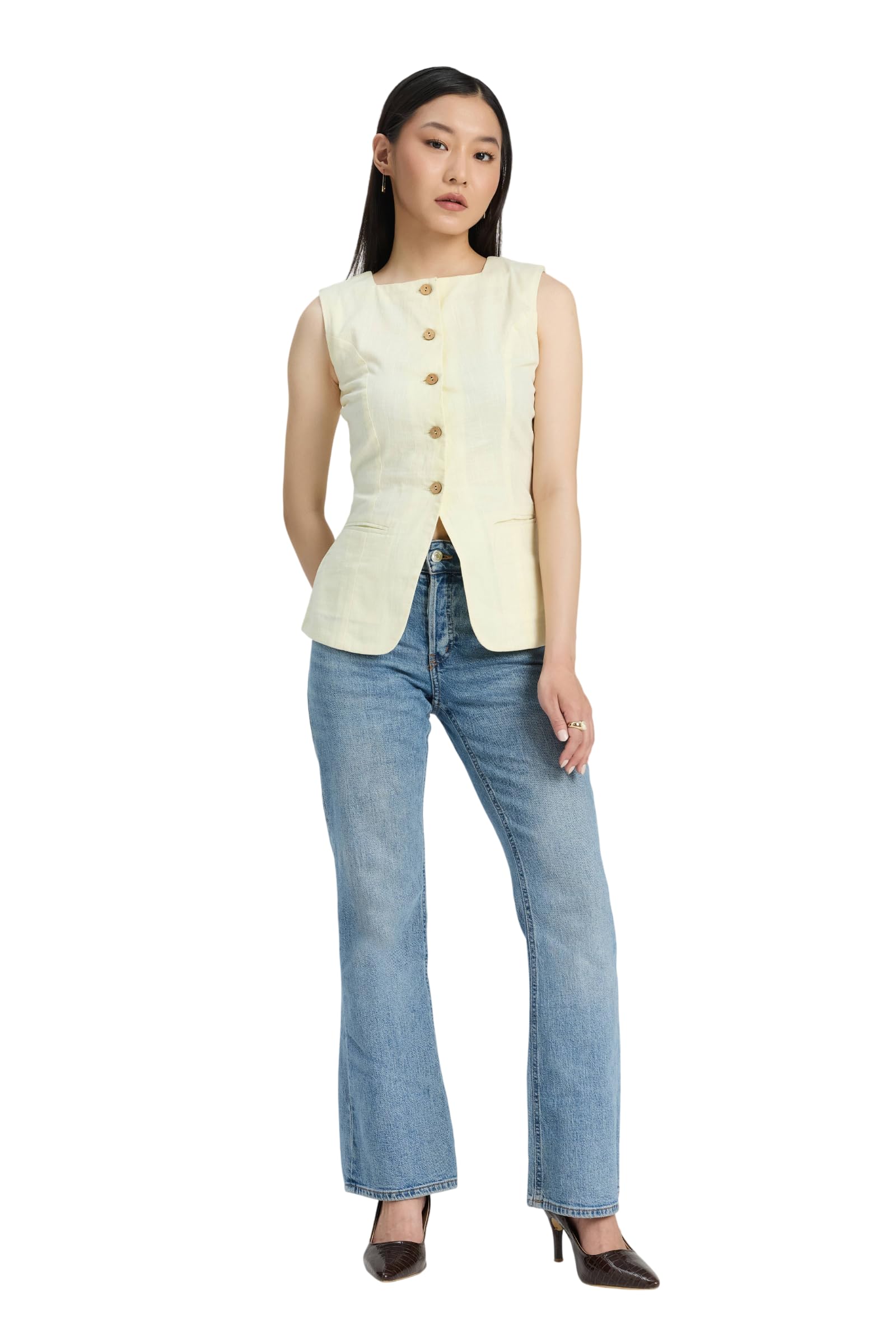 Yellow Waistcoat for Women | Formal Sleeveless Vest, High Square Neck, Slim Fit, Back Adjuster, Office Wear-image-17