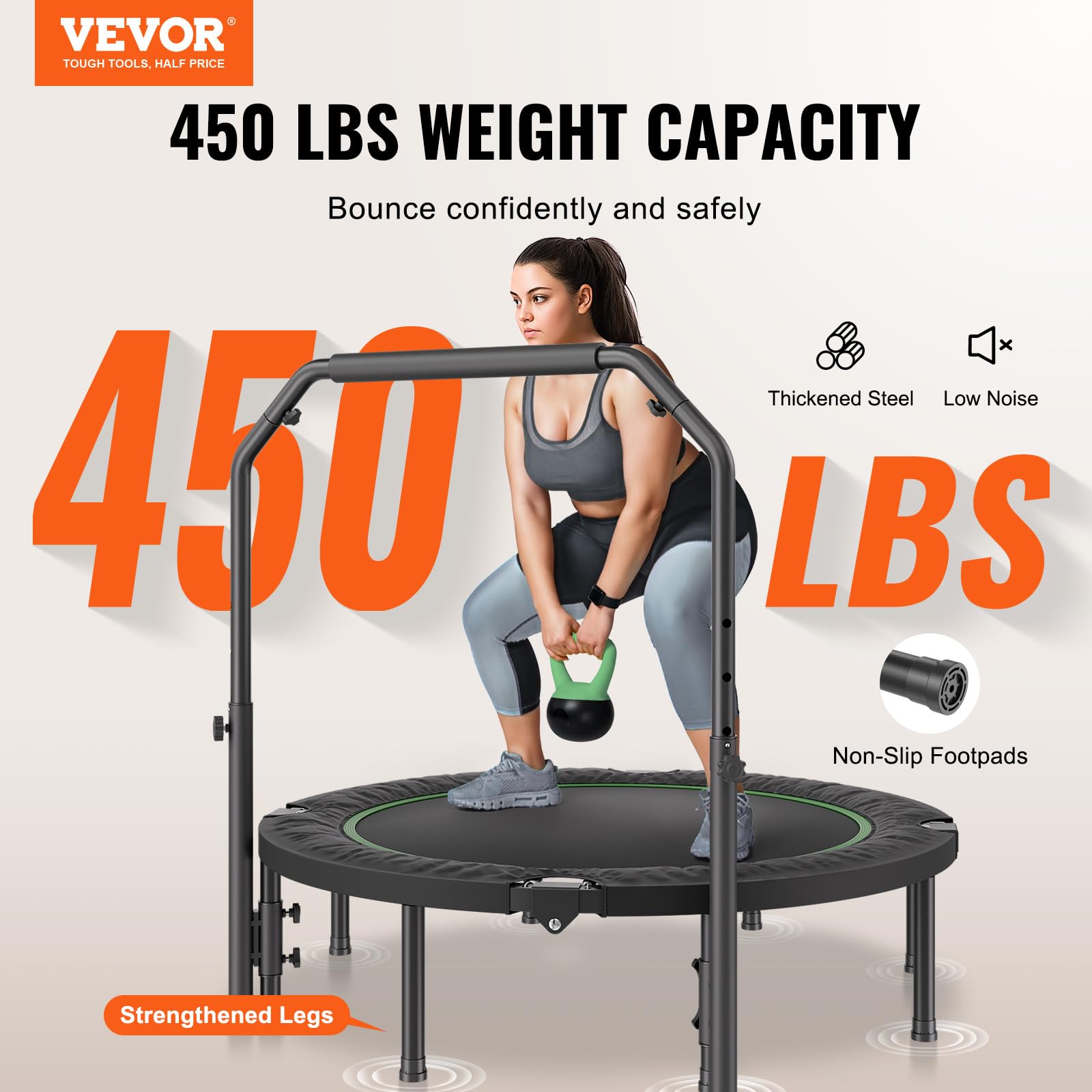 VEVOR Mini Trampoline Pliable, 1315 mm, Fitness rebounder, Charge Max. 205 kg, Stable et Silencieux avec poignée en Mousse réglable en Hauteur à 4 Niveaux, pour entraînement intérieur/Jardin Adultes