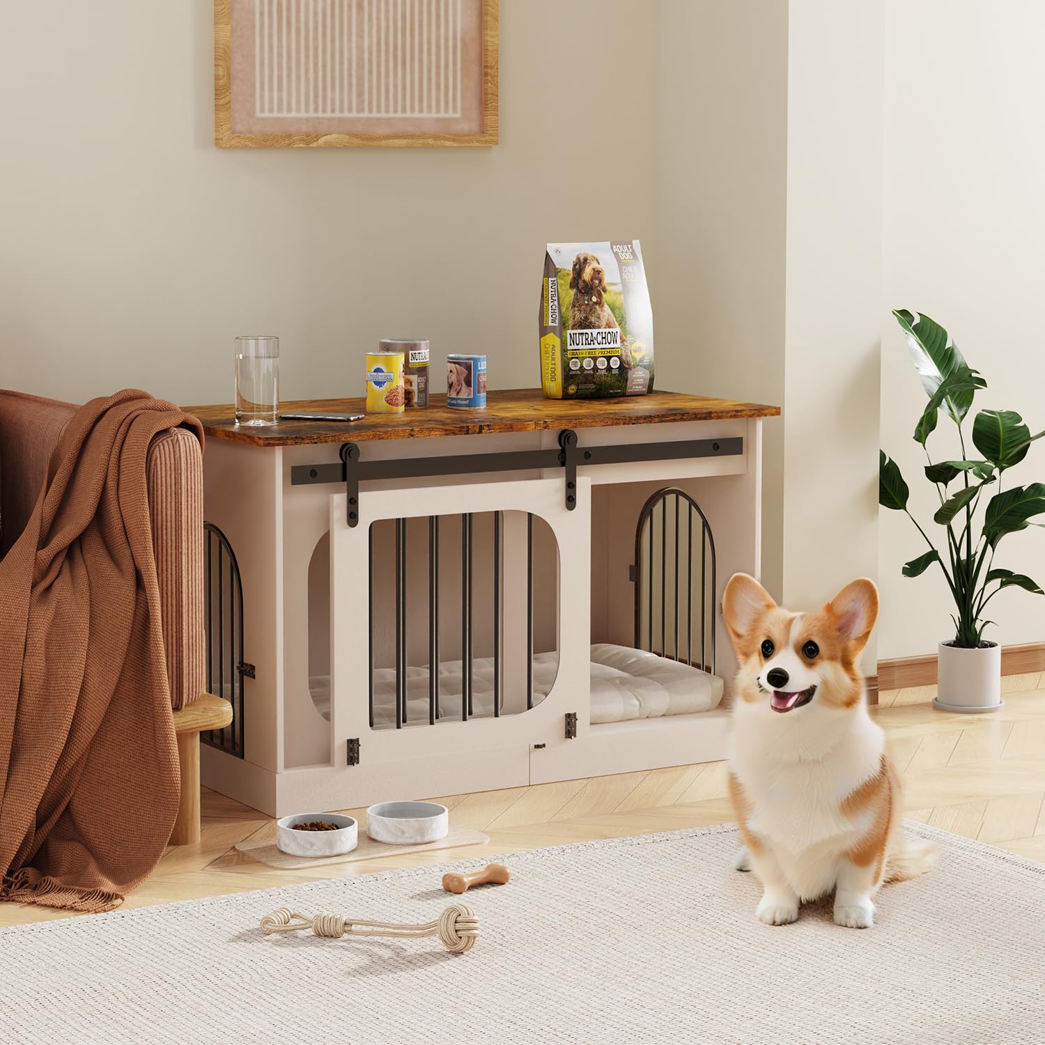 Jaula para Perros Mueble 100 cm, XL Caja para Perros para el Hogar con 3 Puertas Corredizas & Colchón para Perros, 100x60x69cm, Blanco & Marrón