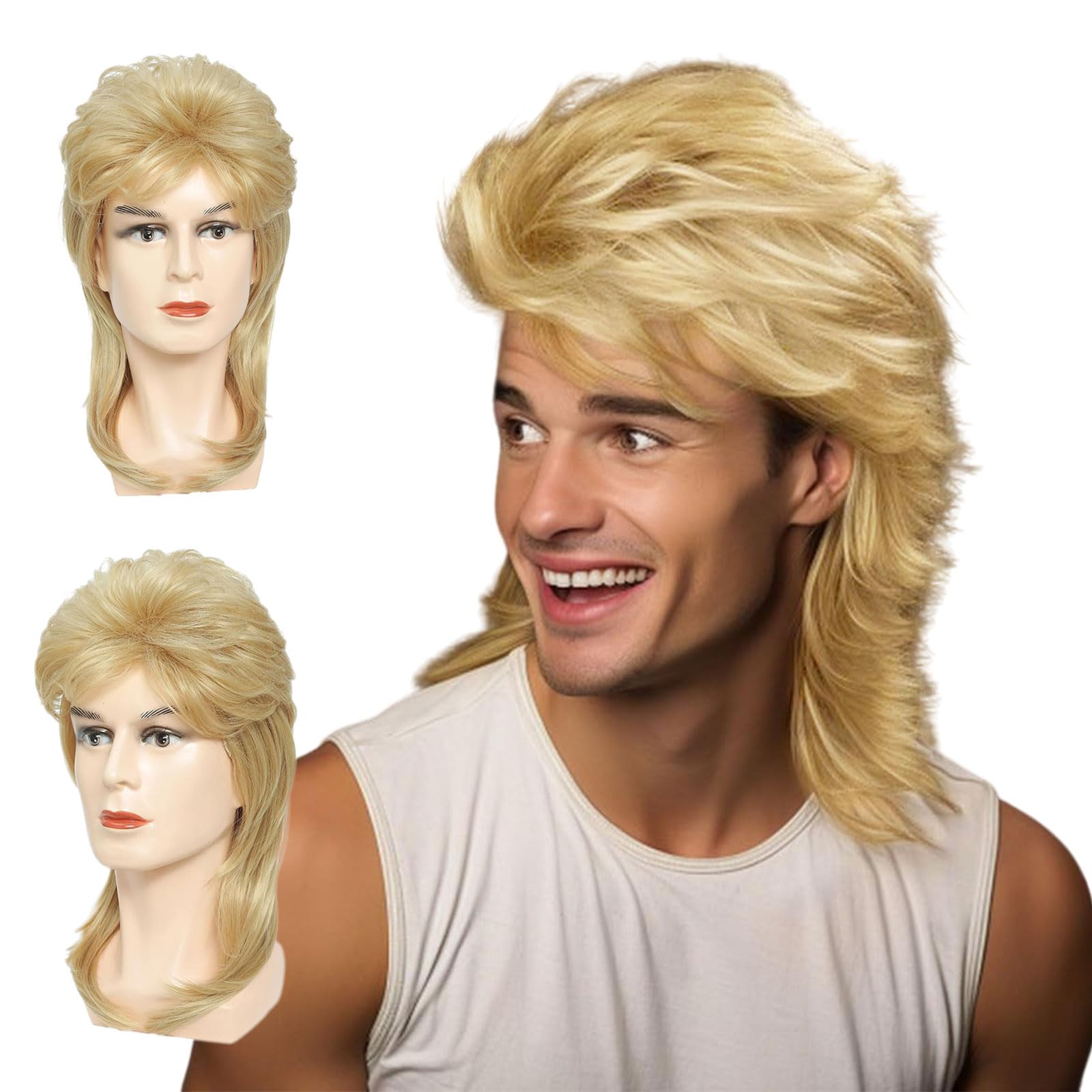 FOUNSHO Blonde Mullet Wig for Men Men's Long Curly Wig