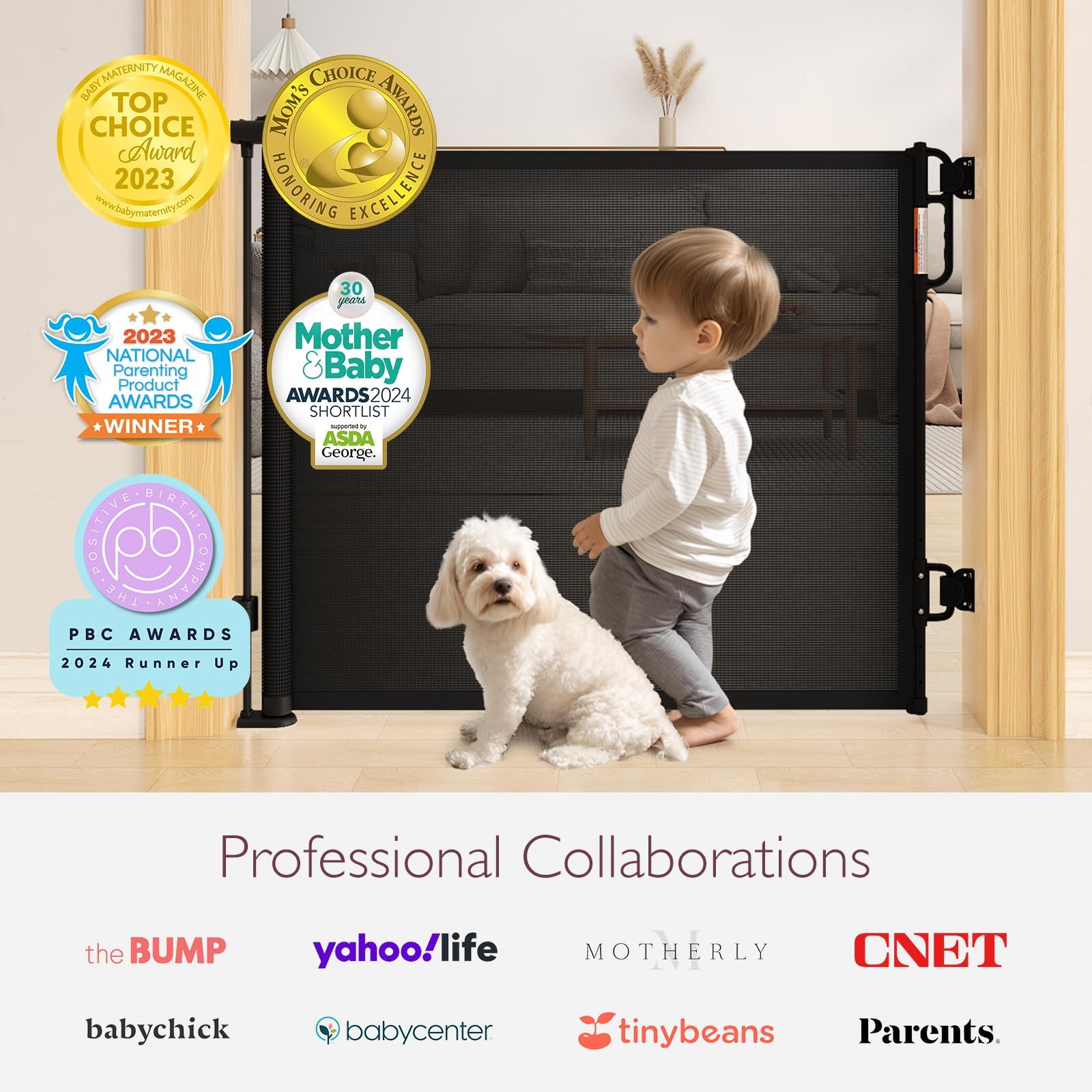 Momcozy Puerta de Escalera Retráctil para Bebé, 33" de Alto, Extiende hasta 55" de Ancho,Diseño Retráctil hacia Arriba y hacia Abajo Puerta de Malla para Perros para Interior/Exterior
