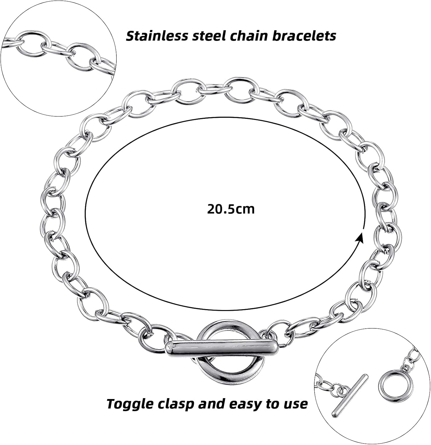 Hicarer 45 Pieces Bracelet Chains with OT Toggle Clasp Stainless Steel Bracelet Link Chains DIY Jewelry Making Supplies for Women Jewelry Crafts(Silver)