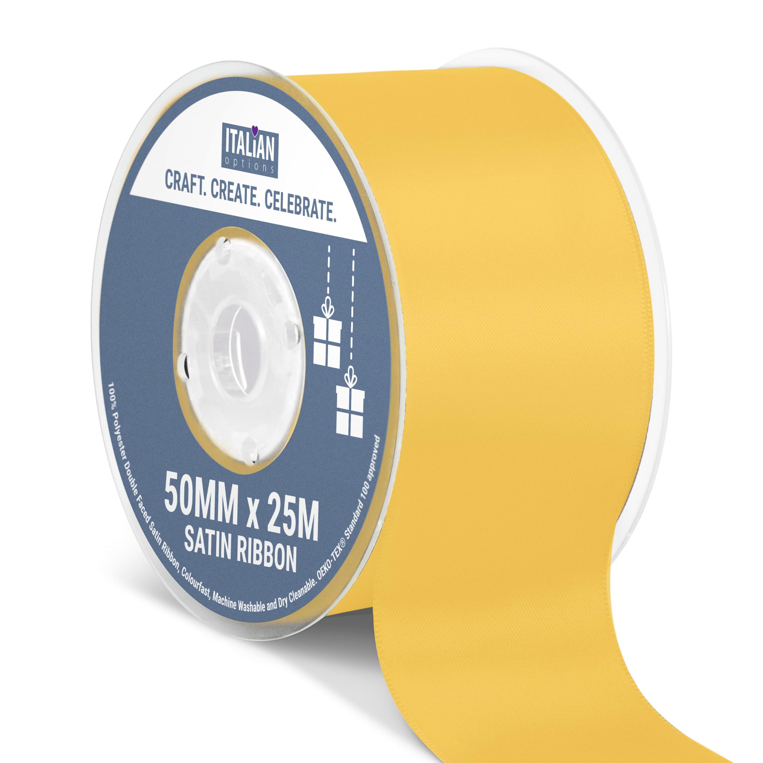 Italian Options Satin Ribbon, Fabric Ribbons for Gift Wrapping, Crafting, Balloons, Wedding Car, Presents, Cake, Christmas, Birthday, Gift Wrap Accessories, 10mm Wide x 25 Metre Roll, Lemon — view 171