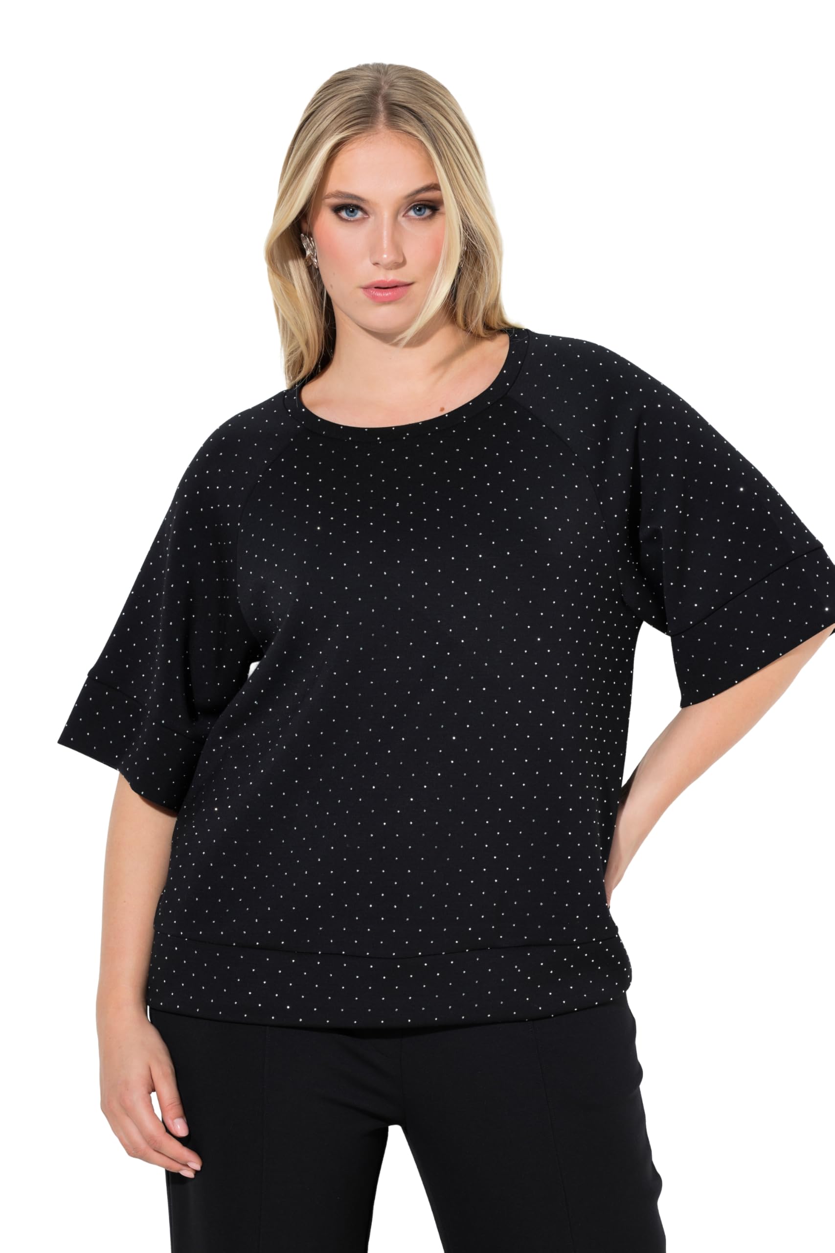 Ulla Popken Damen große Größen Übergrößen Plus Size Sweatshirt, Ziersteine, Rundhals, Halbarm, Modalmix 847905
