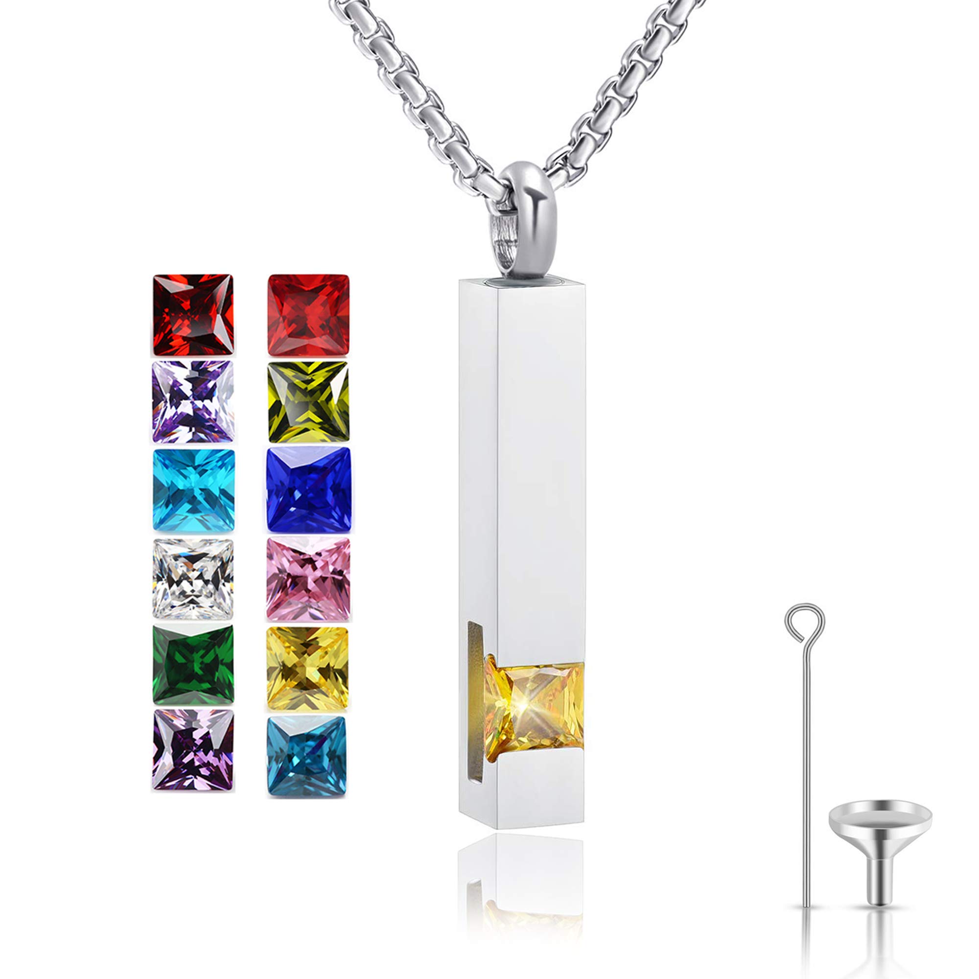 MUERDOUUrn Necklace for Ashes Birthstone Cuboid Cremation Jewelry Keepsake Holder Memorial Locket Necklaces Pendant