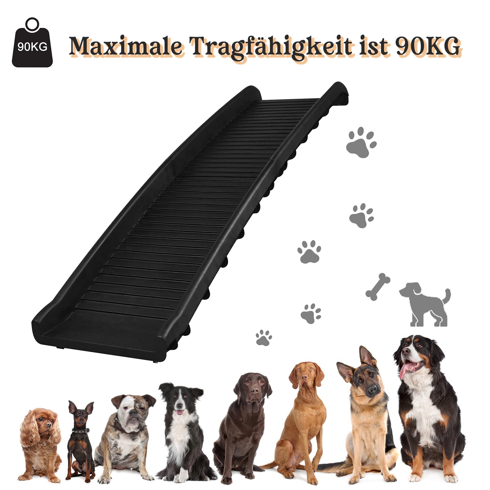 FIVMEN Rampa para Perros Plegable para Coche Escaleras para Perros Antideslizante hasta 90 kg 156 x 40 cm Rampa para SUV, Grandes Animales Pequeños