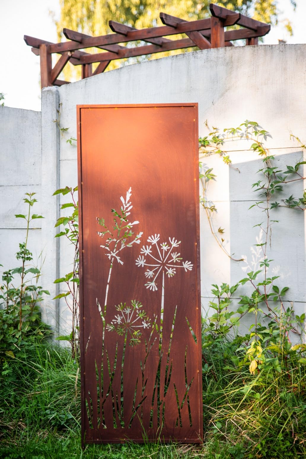 Kapaga - 2x Sichtschutz Metall - 160 cm x 50 cm - Edelrost - Rostoptik Sichtschutz für Garten - Sichtschutzelement - Sichtschutzwand - Gartendekoration Zaun - Rost (Pusteblumen)