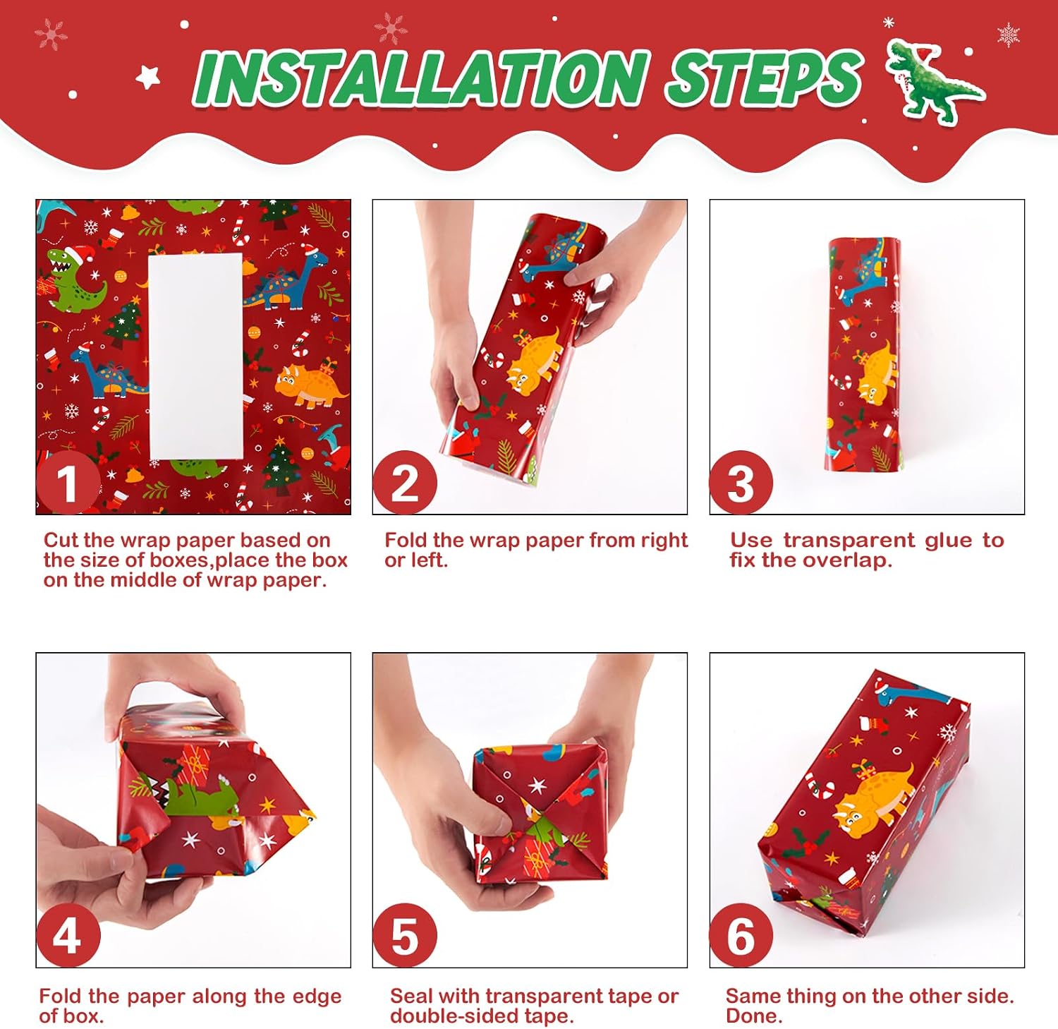 WERNNSAI Christmas Dinosaur Wrapping Paper Set - 10 Sheets 20" x 27" Dino Christmas Wrapping Paper Kids Xmas Gift Packing Supply for Boy Dino Theme Birthday Party Red Black Xmas Decor