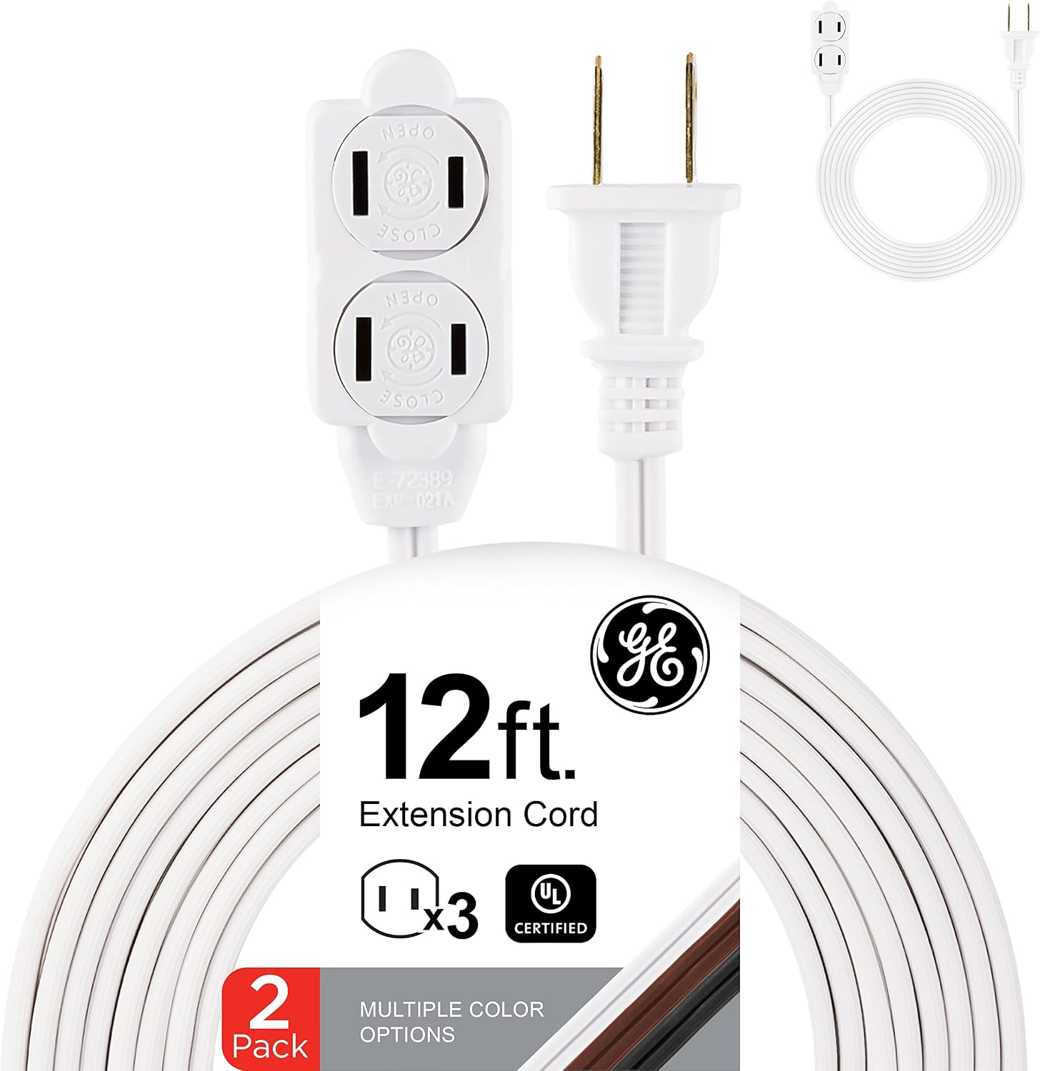 GE 3-Outlet Power Strip, 12 Ft Extension Cord, 2 Pack, 2 Prong, 16 Gauge, Twist-to-Close Safety Covers, Indoor Rated, Perfect for Home, Office or Kitchen, UL Listed, White, 50363