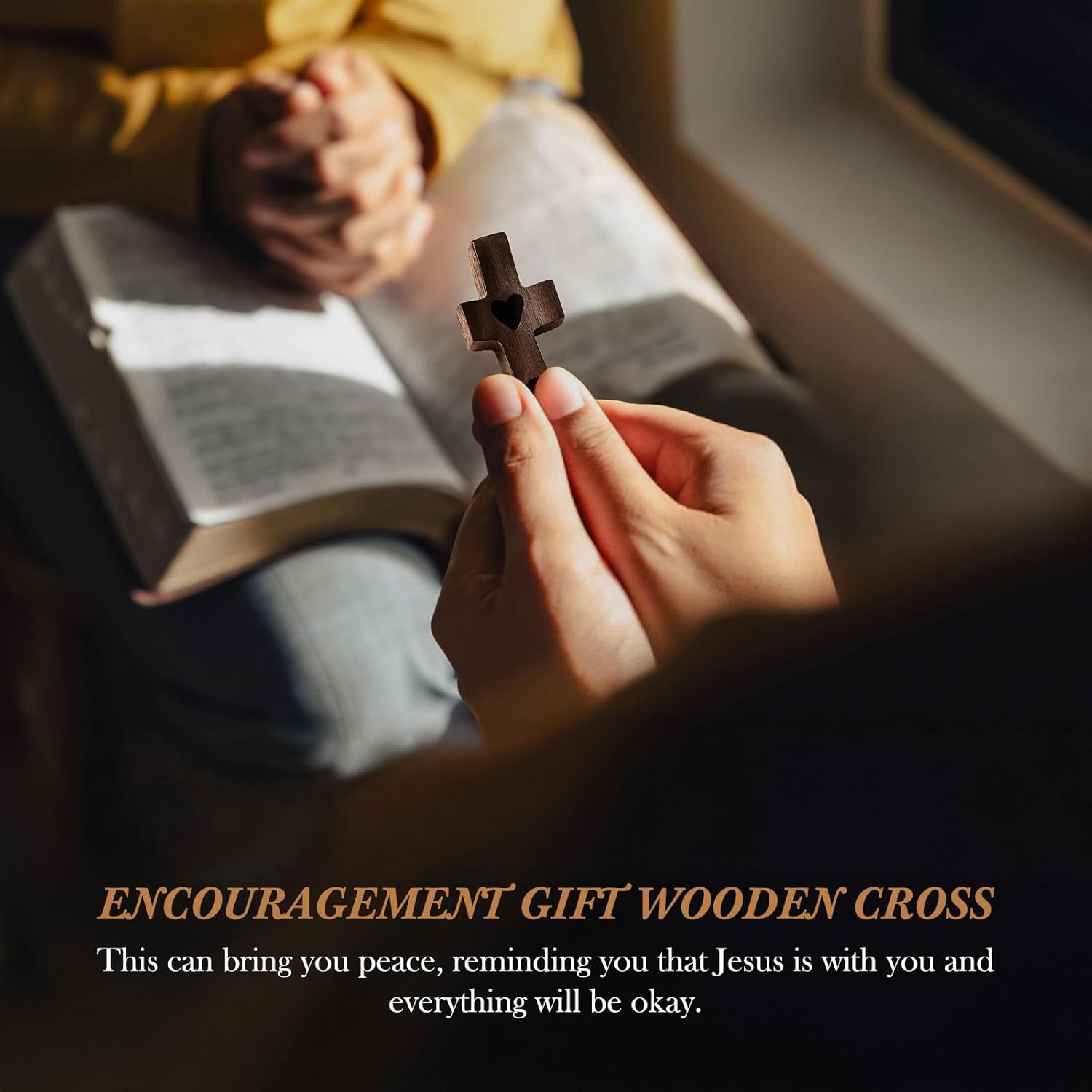 Wooden Cross My Heart, Handcrafted Handmade Pocket Wood Cross, Fingertip Stress and Anxiety Relief, Clutching, Clinging and Praying, Religious Encouragement Gift Present(20)