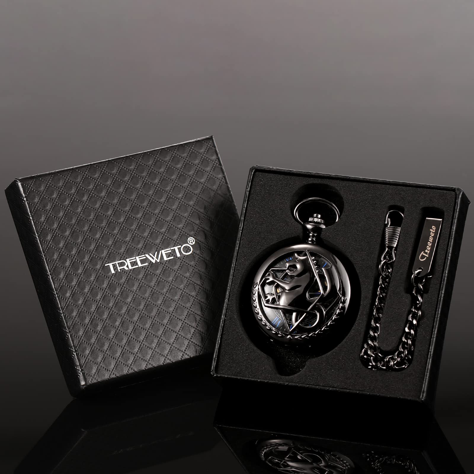 TREEWETO Montre de Poche Unisexe Mécanique à Double Couverture Complète en Métal Alchimiste Squelette Steampunk pour Hommes Femmes avec Chaîne