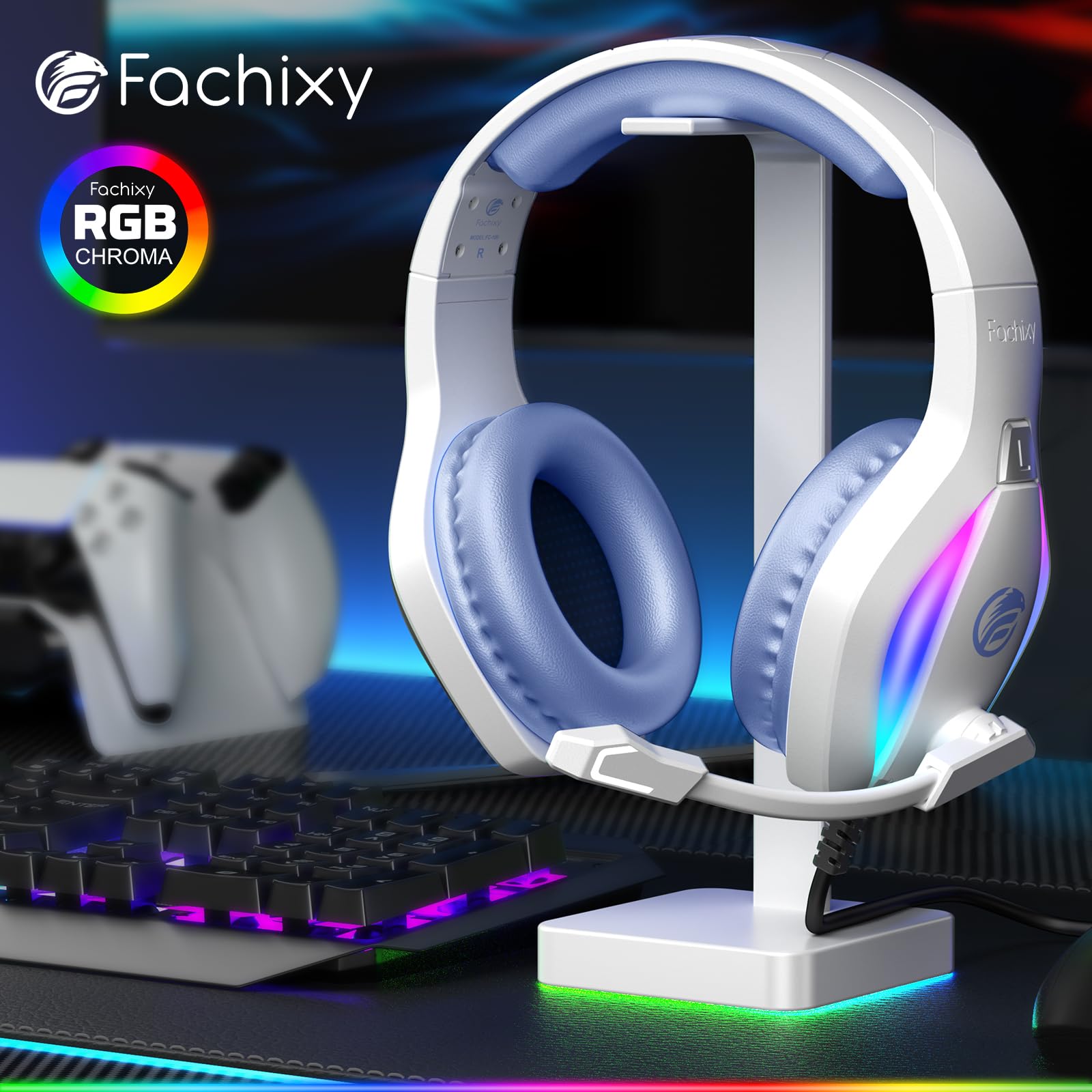 Fachixy FC100 Casque Gaming pour PC, PS4, PS5, Xbox, Mac, Nintendo Switch, Casque Gamer PS4 avec Lumière RVB, Casque PS5 avec Micro, Casque Antibruit avec Prise Jack 3,5 MM