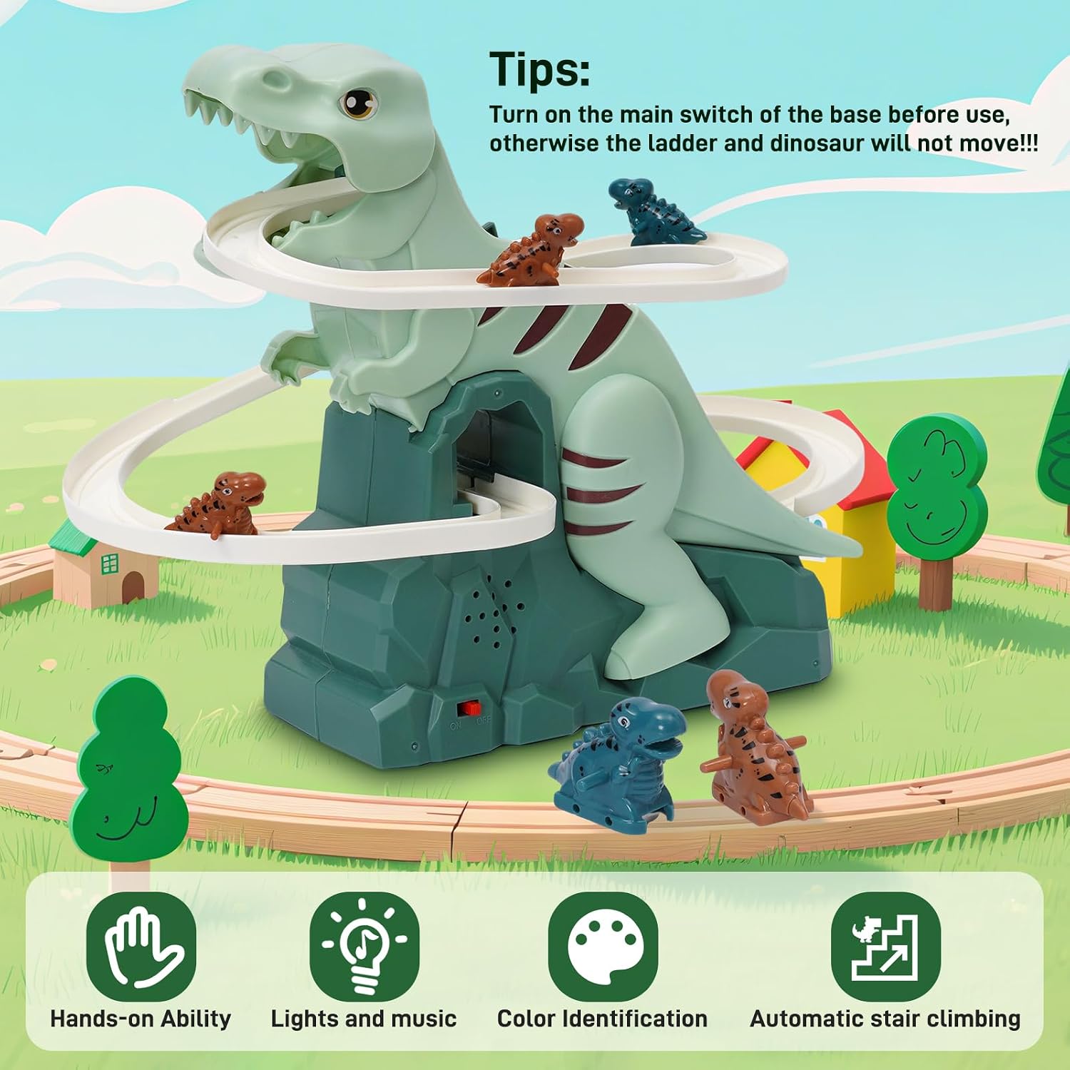 Dinosaur Climbing Stairs Toy Orbit Chasing Race Track Game Set Slide Climb Stairs Toys Roller Coaster Toy with Music Light Educational Puzzle Playsets Gift for Toddler Kids Boys Girls Age 3+