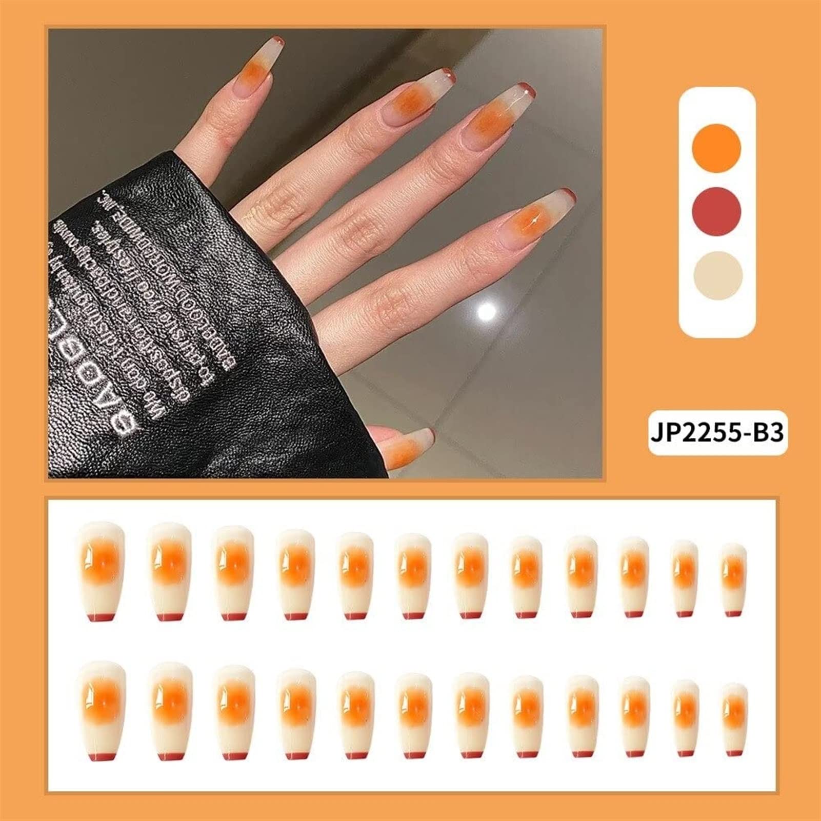 24PCS Primavera Estate Dolce Unghie Finte Lungo Semplice Arancione Francese Unghie Finte Premere Sulle Unghie Indossabile Unghia Finita Unghie Finte Extra Lunghe