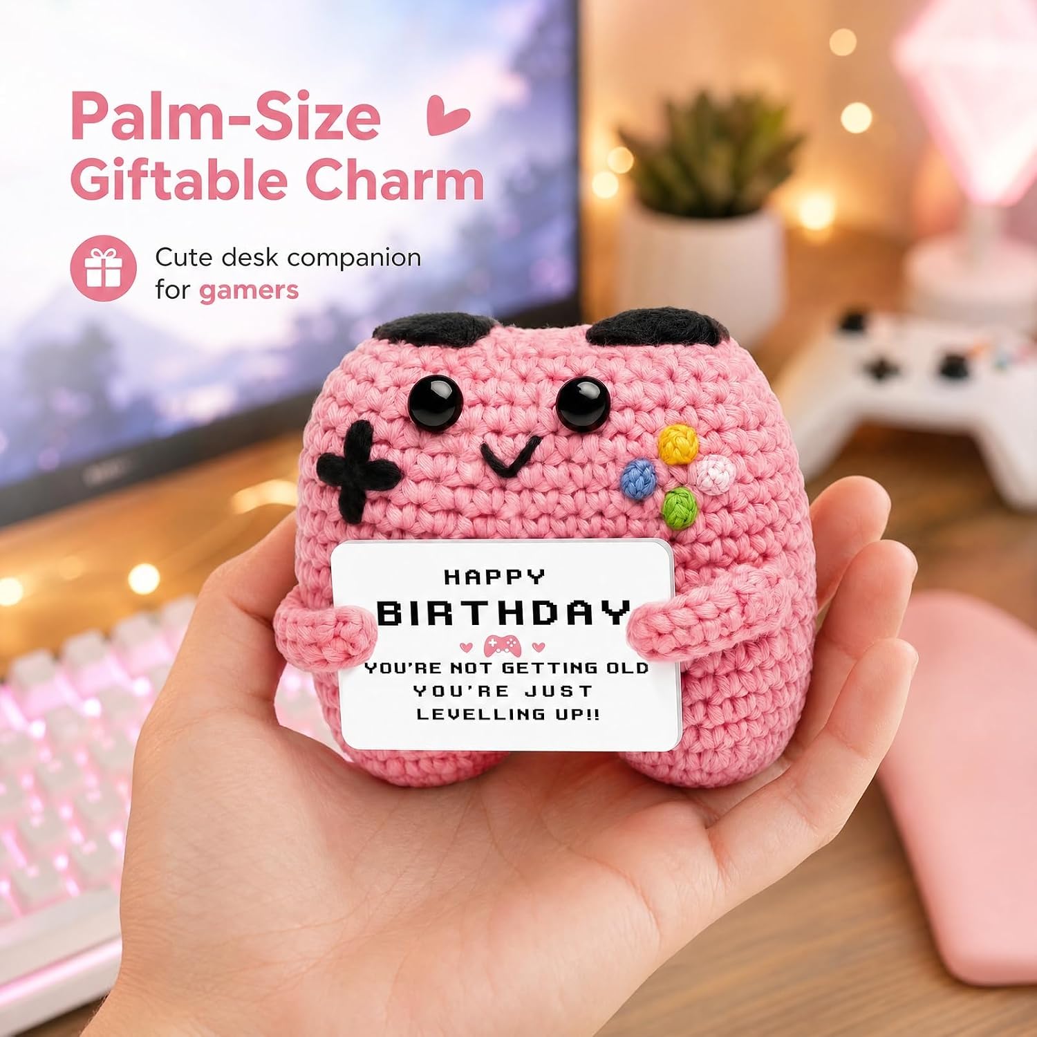 OHiZVZV 1Pc Birthday Crochet Gift, Funny Game Controller Plush for Gamer, Humorous Emotional Support Present, Handmade Gaming Decor for Birthday Celebration & Desk (Pink, 3.15x3.15 Inches)