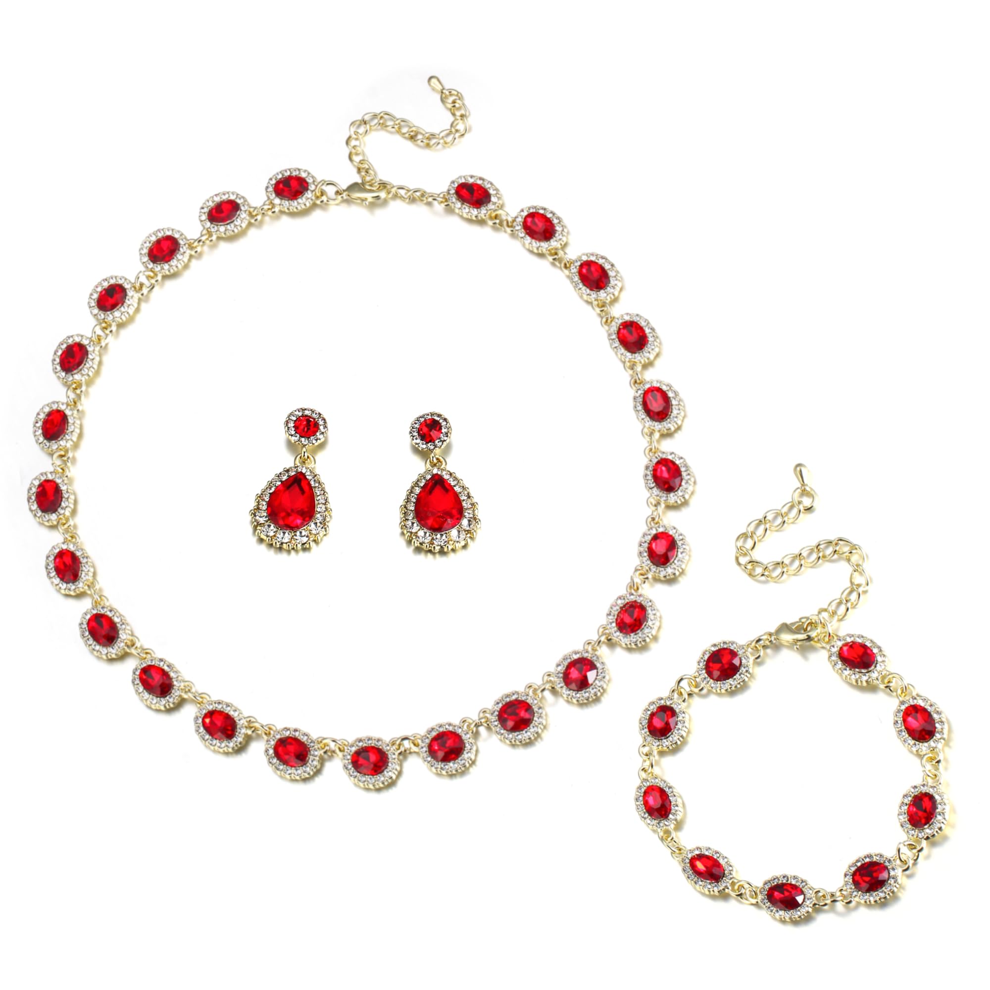 Clearine Juego de bisutería de boda para damas de honor, collar ovalado de cristal con forma de lágrima, pendientes perforados, pulsera de enlace para fiesta de graduación