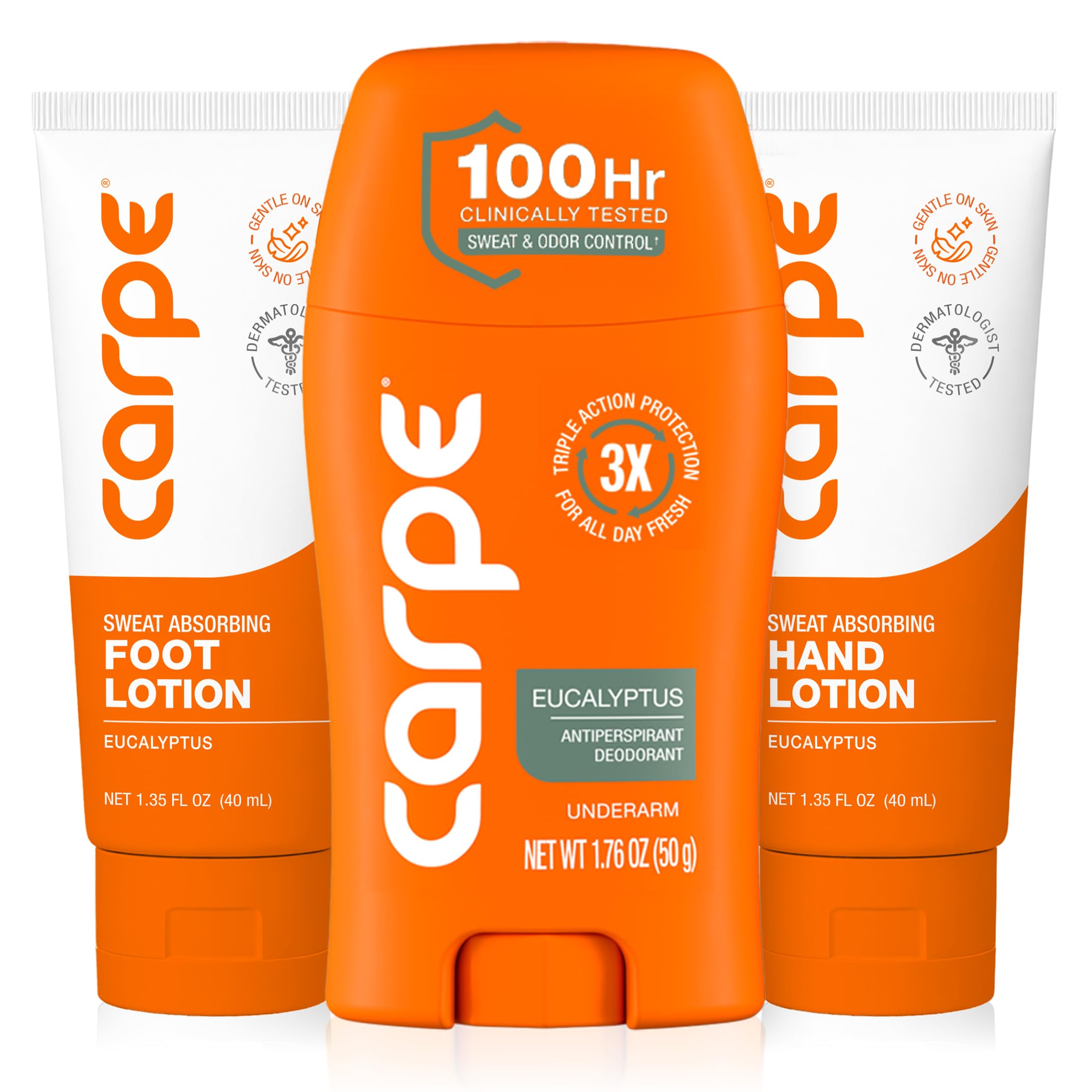 Carpe Head to Toe Bundle - Underarm Antiperspirant Deodorant - Sweat Absorbing Hand Lotion - Sweat Absorbing Foot Lotion - Manage Sweat & Odor for Hands, Feet, Underarms - Eucalyptus Scent