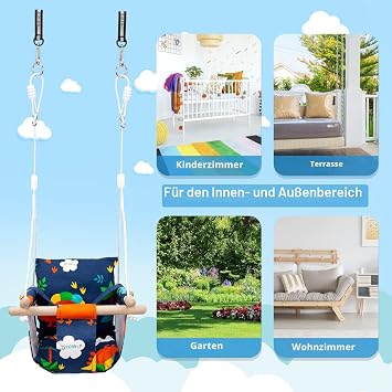 Swing for Baby Children with Safety Belt Stainless Steel Carabiner Soft Cushion up to 50 kg Adjustable Length CE Environment Fabric Dinosaur Pattern for Garden Indoor Outdoor