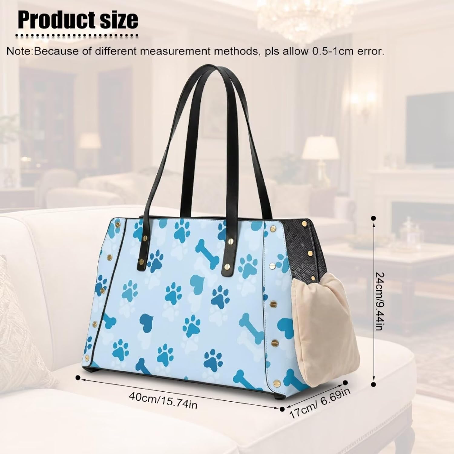 COEQINE Small Dog Carrier Sling Purse Light Blue Paw Prints PU Leather Tote Handbags for Women Travel Pet Sleeping Bag Handbag for Outdoor Travel Walking Hiking Shopping,15x9x6 in