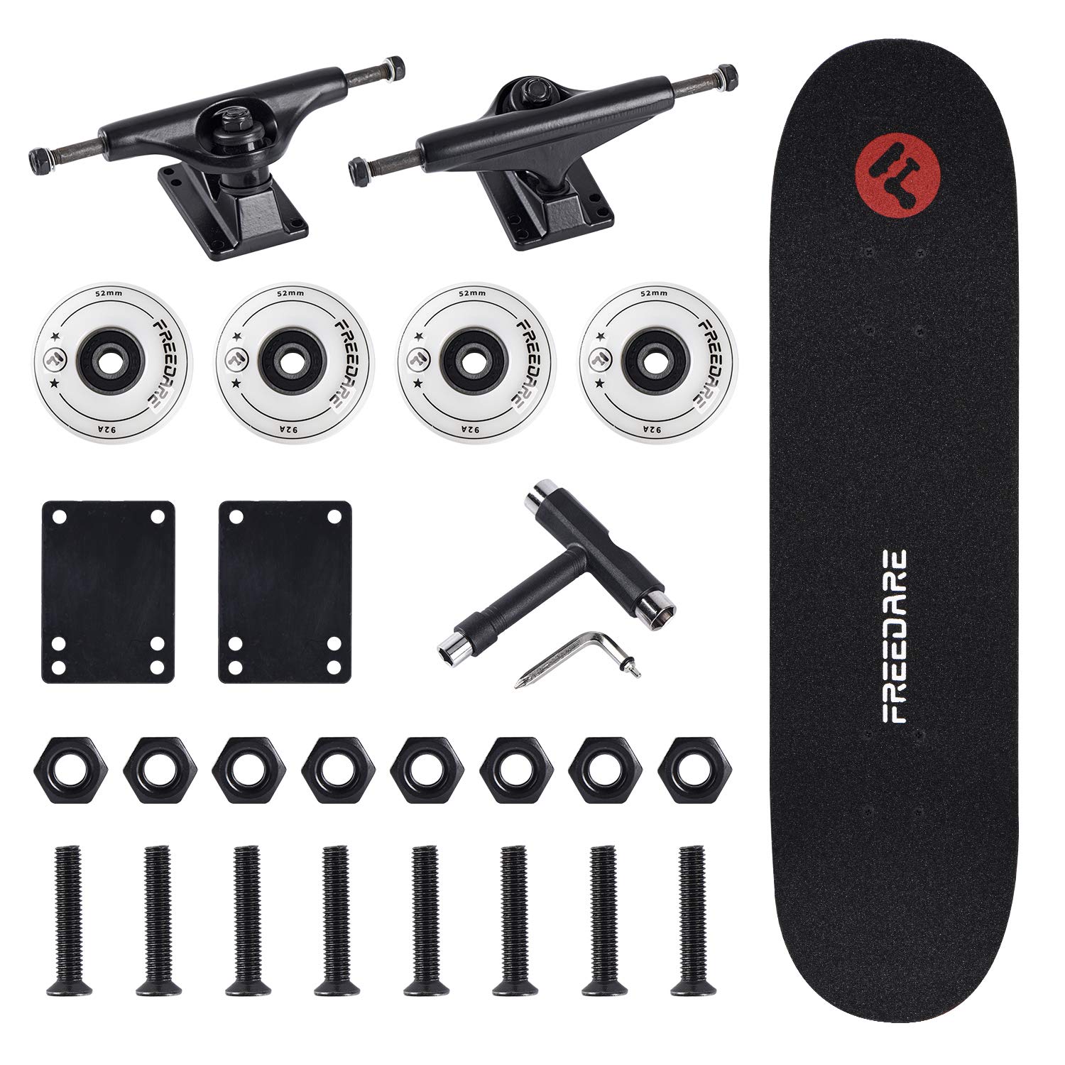 FREEDARE 5" Skateboard Trucks Black, Skateboard Wheels with Bearings 52mm, Skateboard Grip Tape, Skateboard Tool, Skateboard Riser Pads, Skateboard Hardware Set(White)