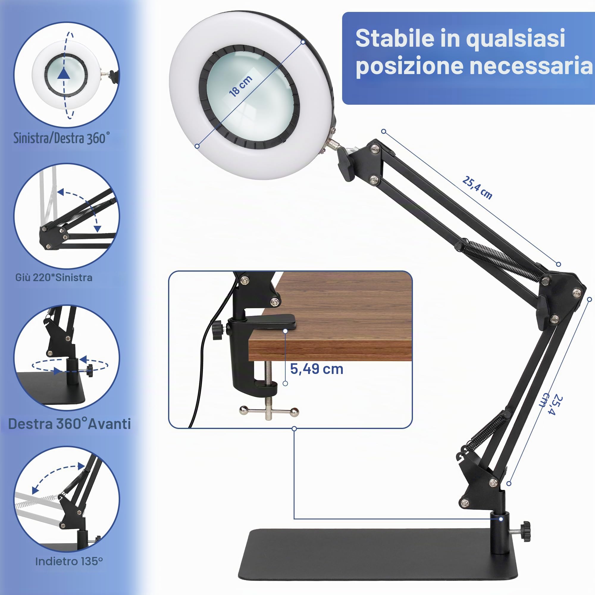 RealPlus 10X Lente Ingrandimento con Luce [Con Base e Clip], Lampada con Lente di Ingrandimento, Braccio Telescopico, 5 Colore, 10 Luminosità, Ideale per Lavori di Precisione, Riparazione, Lettura