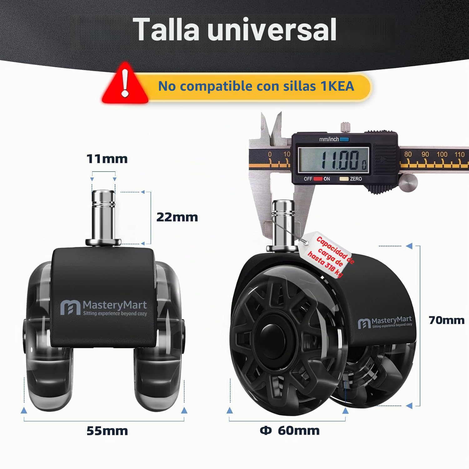 Mastery Mart Juego de 5 ruedas para sillas de oficina de 11 mm, 70 mm de altura, ruedas de suelo duro, para sillas de oficina, parquet, aptas para el 98% de todas las ruedas, no para 1KEA, color negro