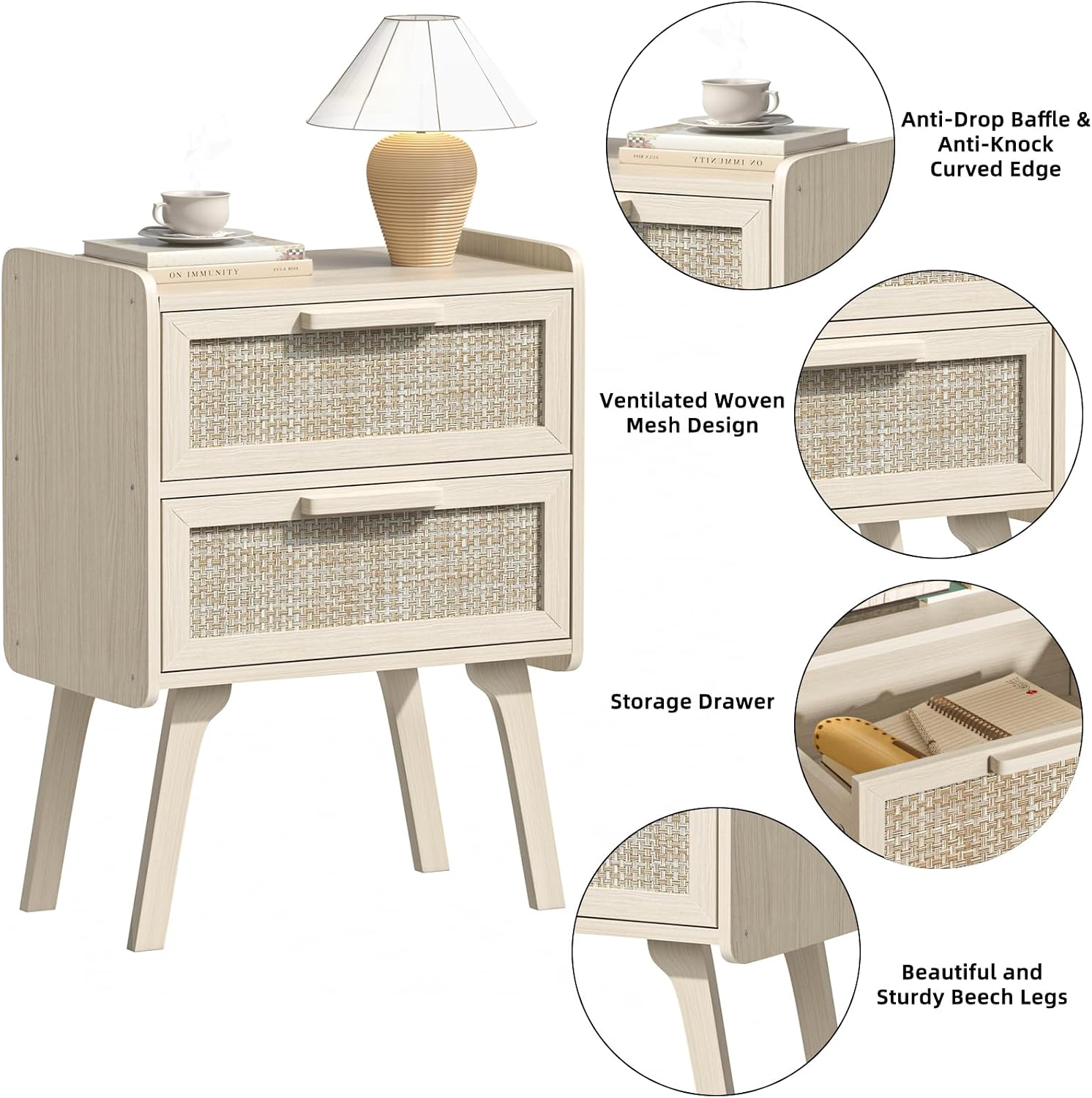 Lerliuo Rattan Nightstands Set of 2, Boho Night Stand with 2 Drawers, Cane Accent Side End Table, Bedside Table with Solid Wood Legs for Bedroom, Dorm and Small Spaces (Grey Oak)