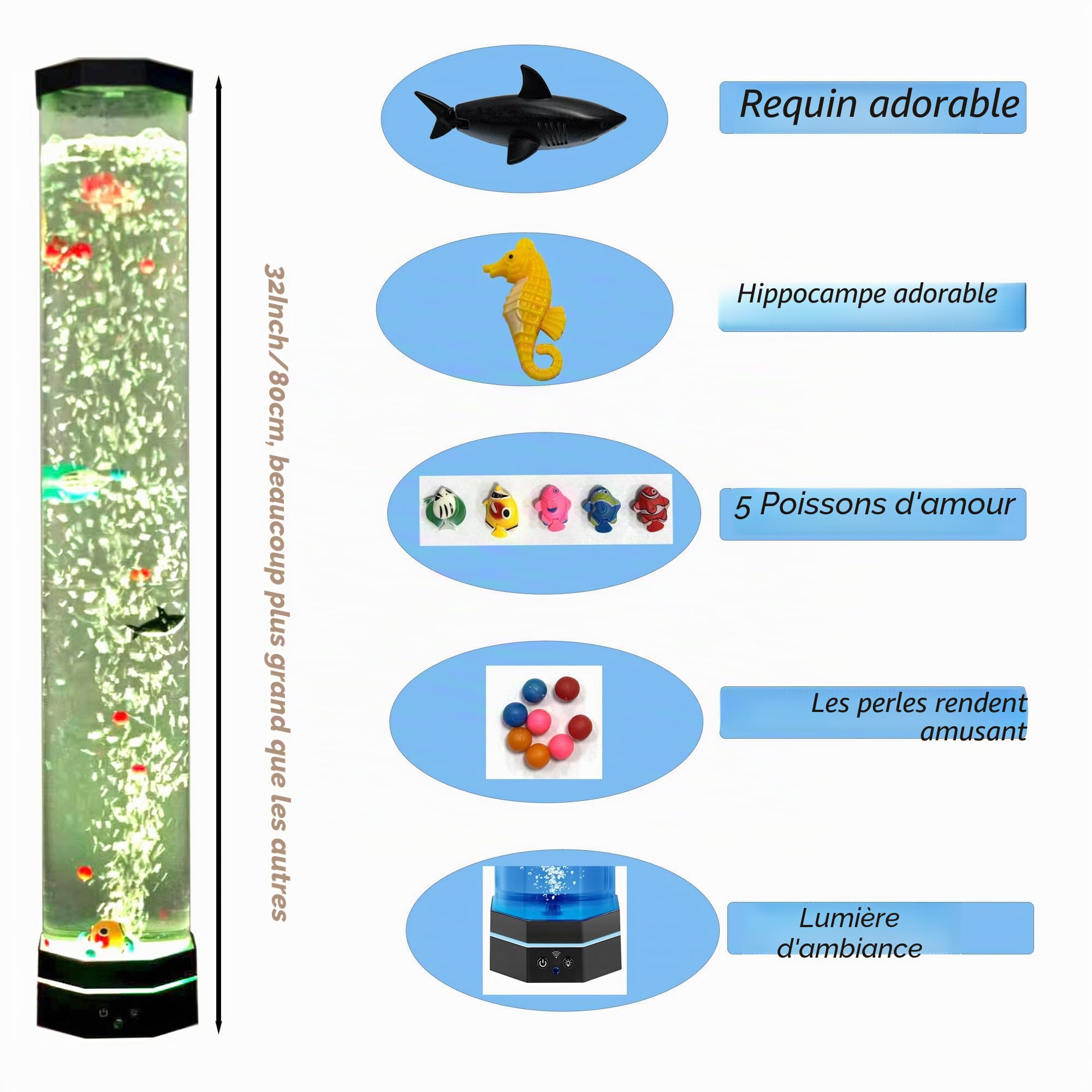Lampe octogonale extra large de 81,3 cm pour aquarium – Tube sensoriel Jumbo de 12,7 cm de large avec 5 poissons et requins mignons, base stable de 14 cm avec LED bleu moderne, veilleuse à 16 couleurs