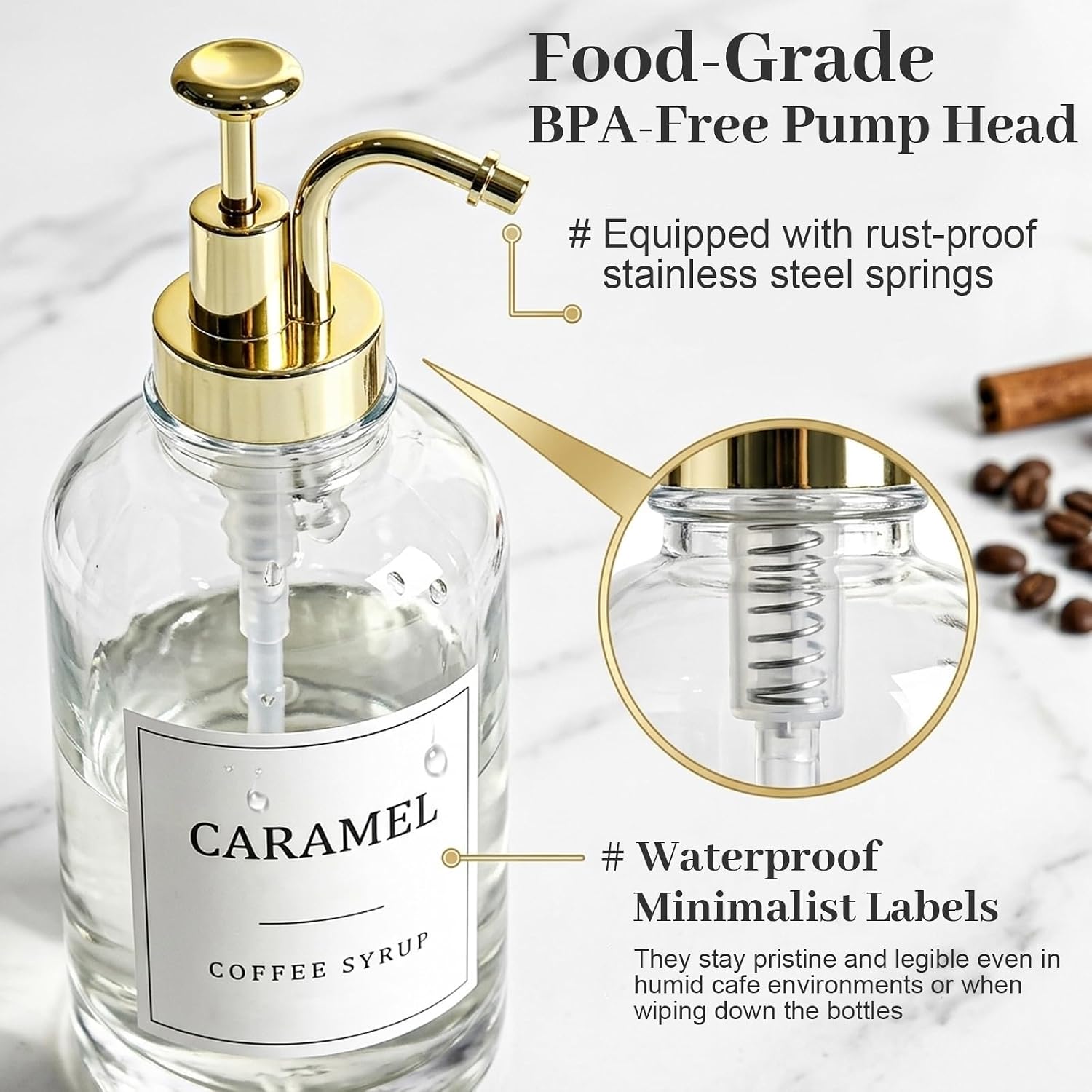 8 Pack 16.9oz Glass Coffee Syrup Dispenser with Gold Pumps image 4